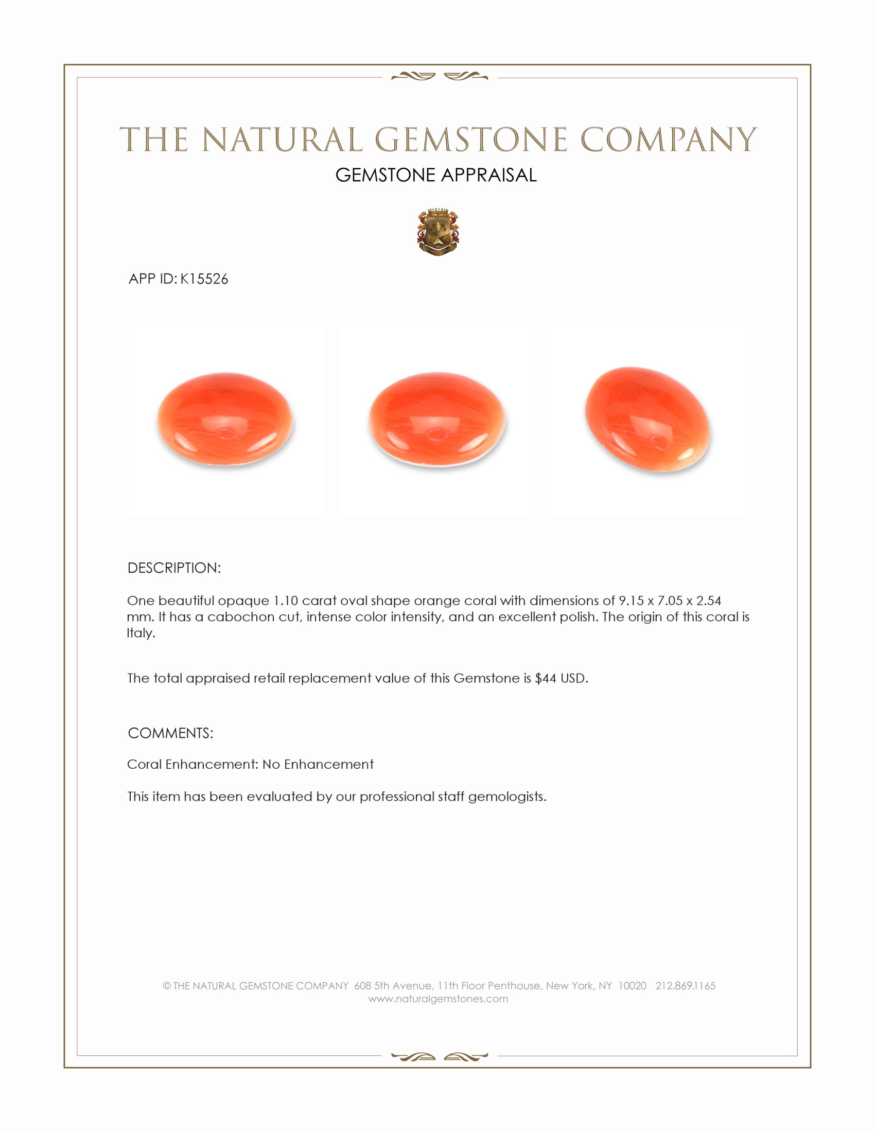 1.10 Ct. Salmon (Orange) Cabochon Coral from Italy