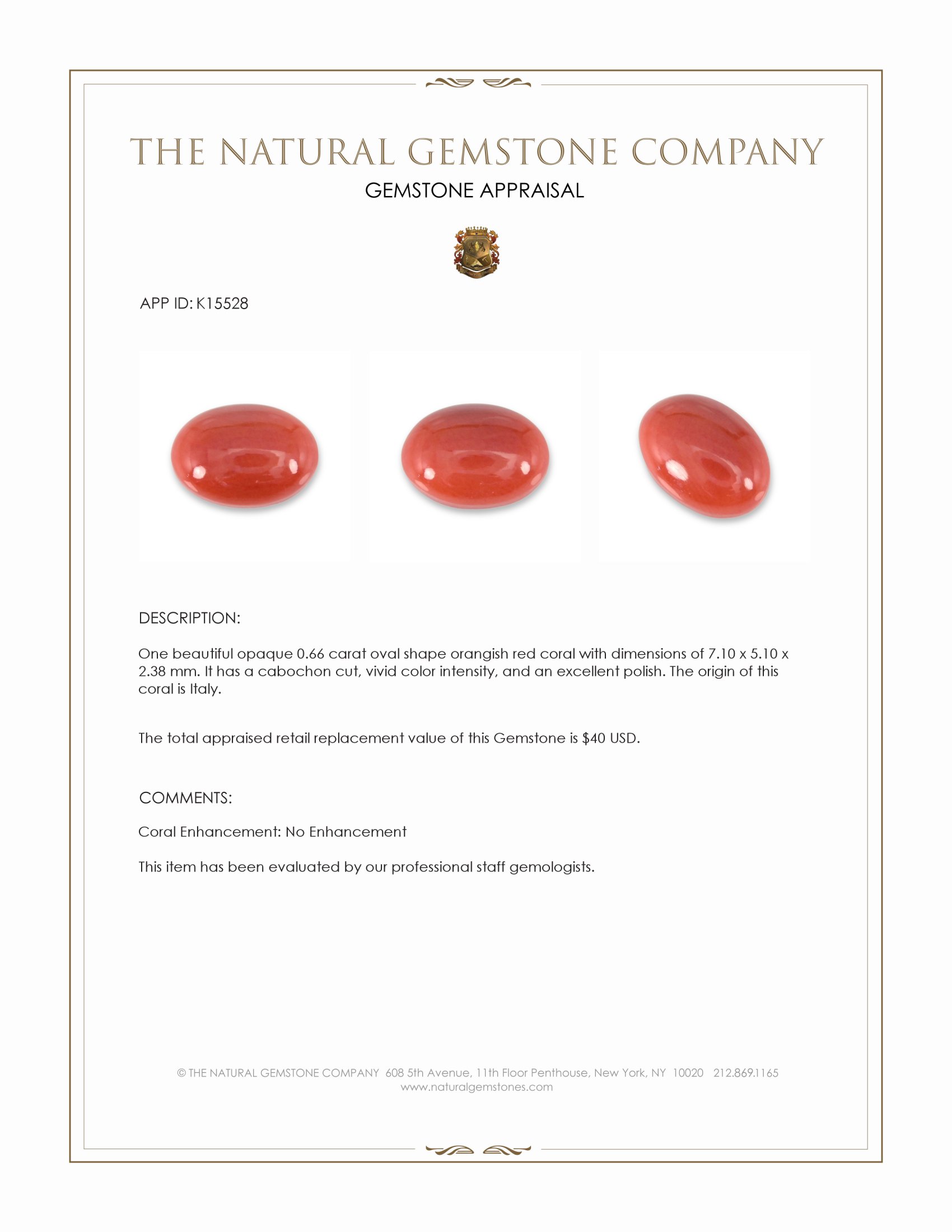 0.66 Ct. Salmon (Orangish Red) Cabochon Coral from Italy