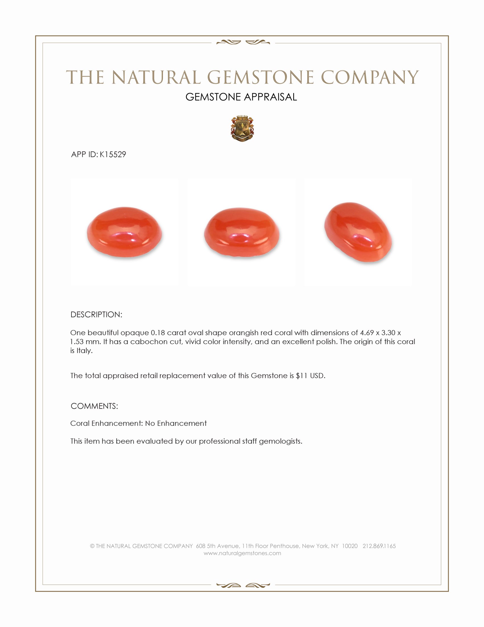 0.18 Ct. Salmon (Orangish Red) Cabochon Coral from Italy