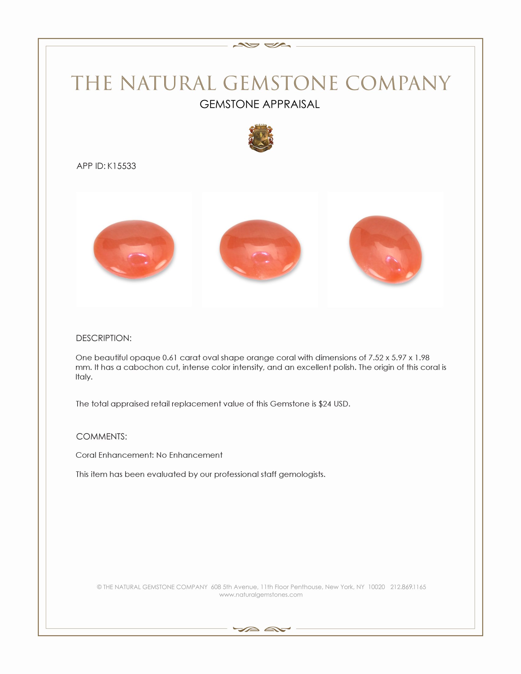 0.61 Ct. Salmon (Orange) Cabochon Coral from Italy