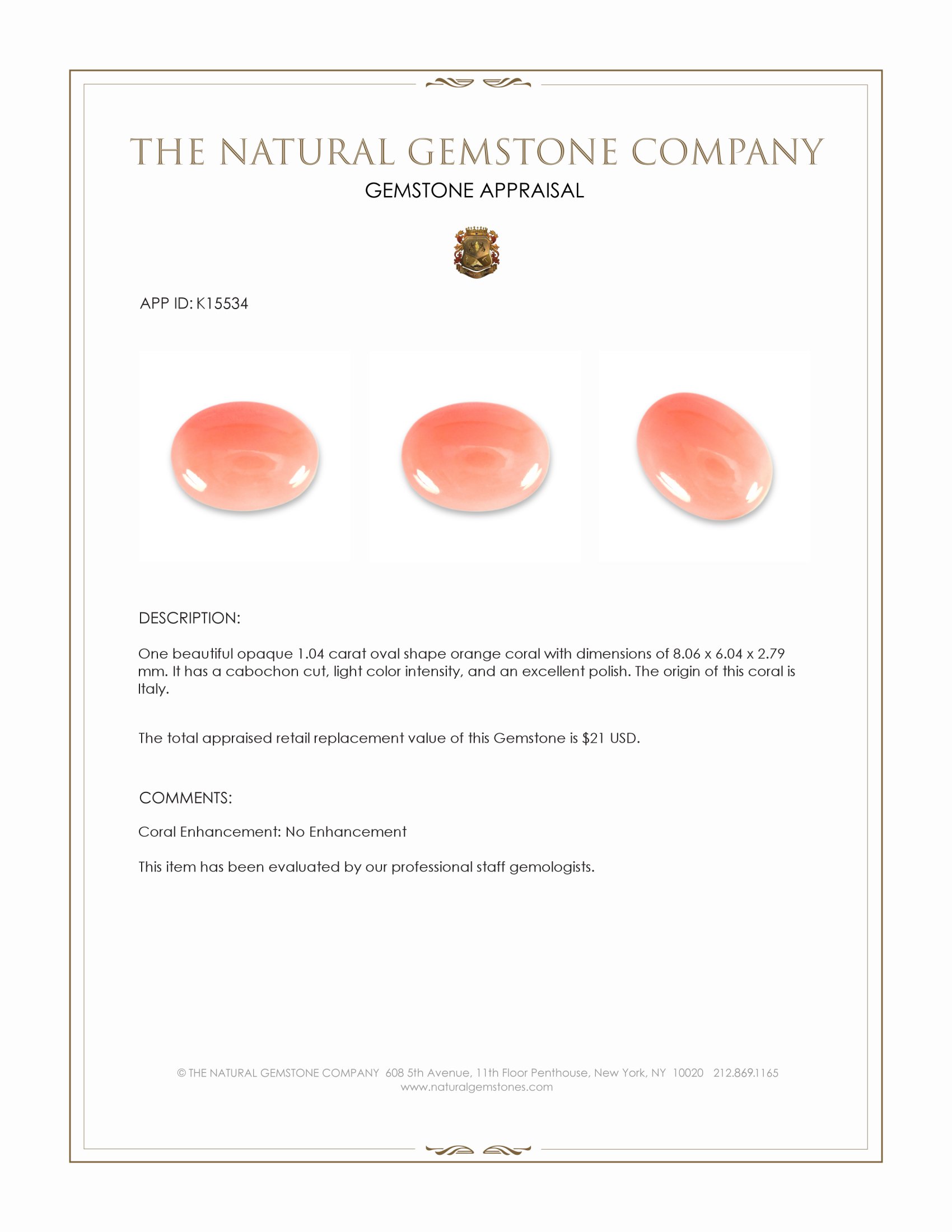 1.04 Ct. Salmon (Orange) Cabochon Coral from Italy