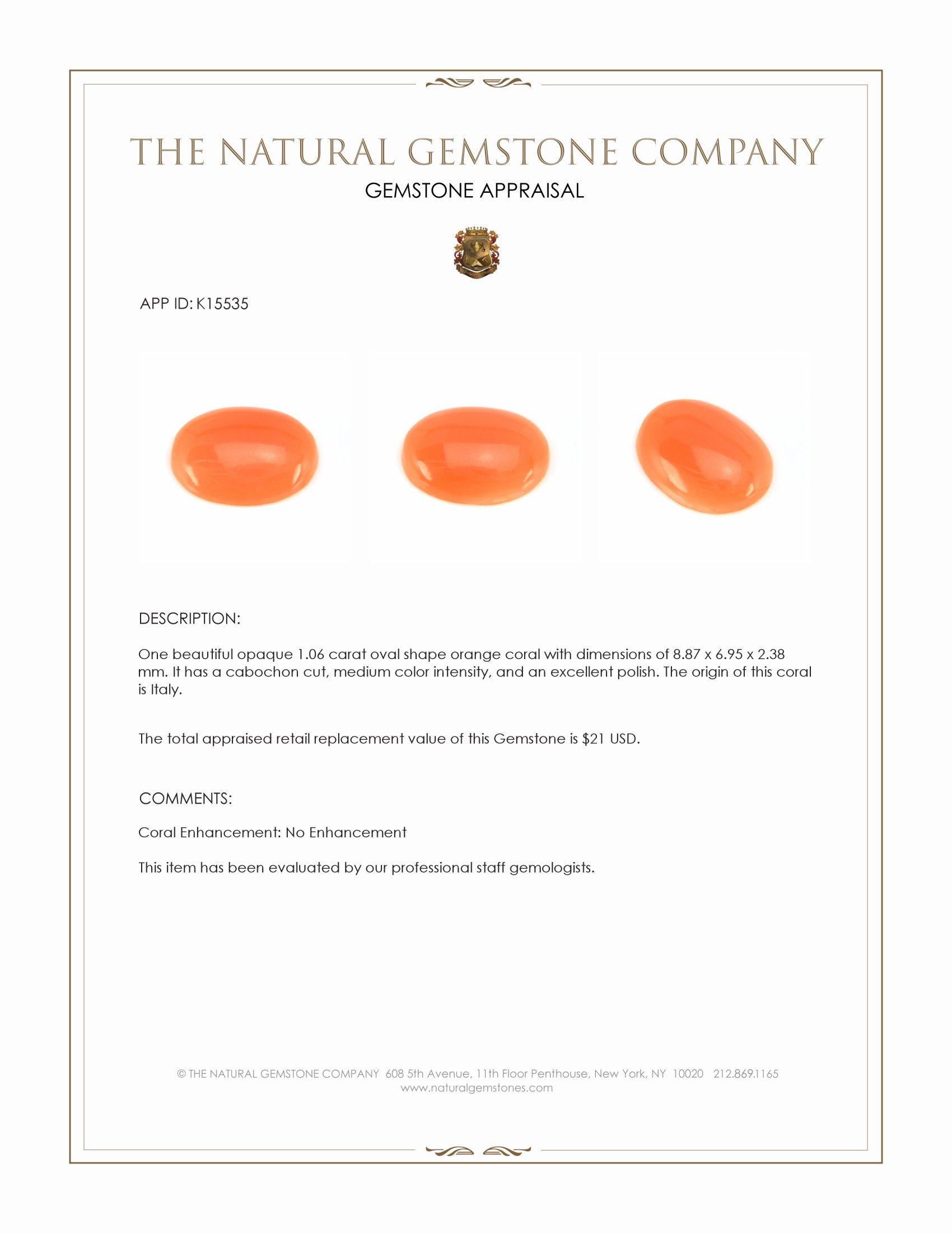 1.06 Ct. Salmon (Orange) Cabochon Coral from Italy