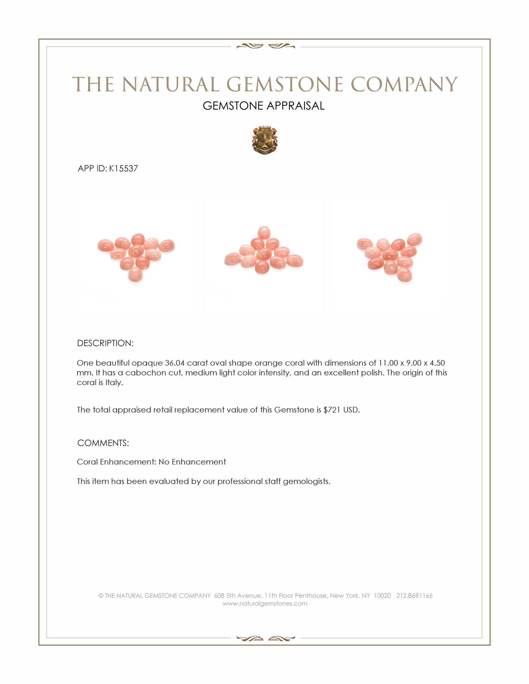 36.04 Ct. Cabochon Coral from Italy