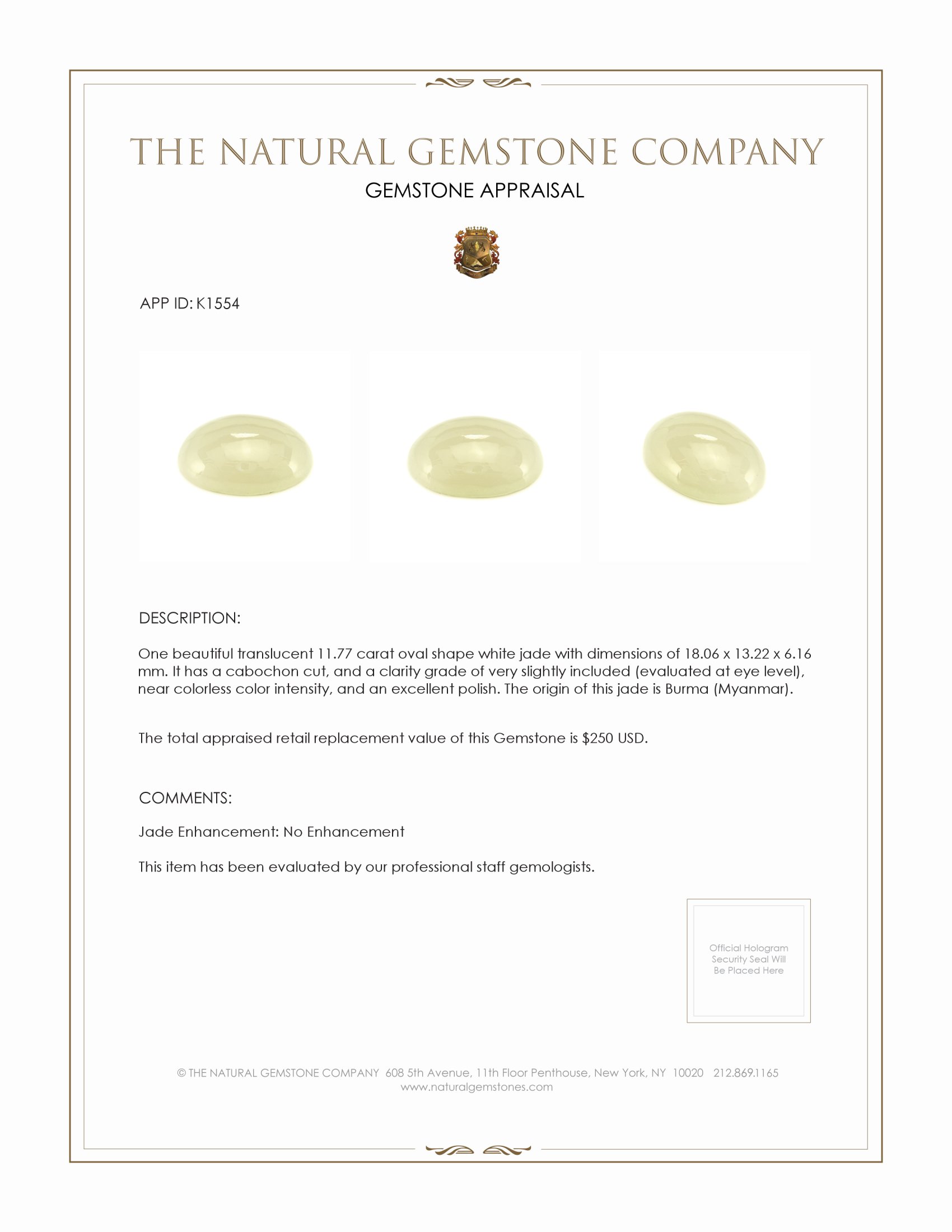 11.77 Ct. Cabochon Jade from Burma (Myanmar)