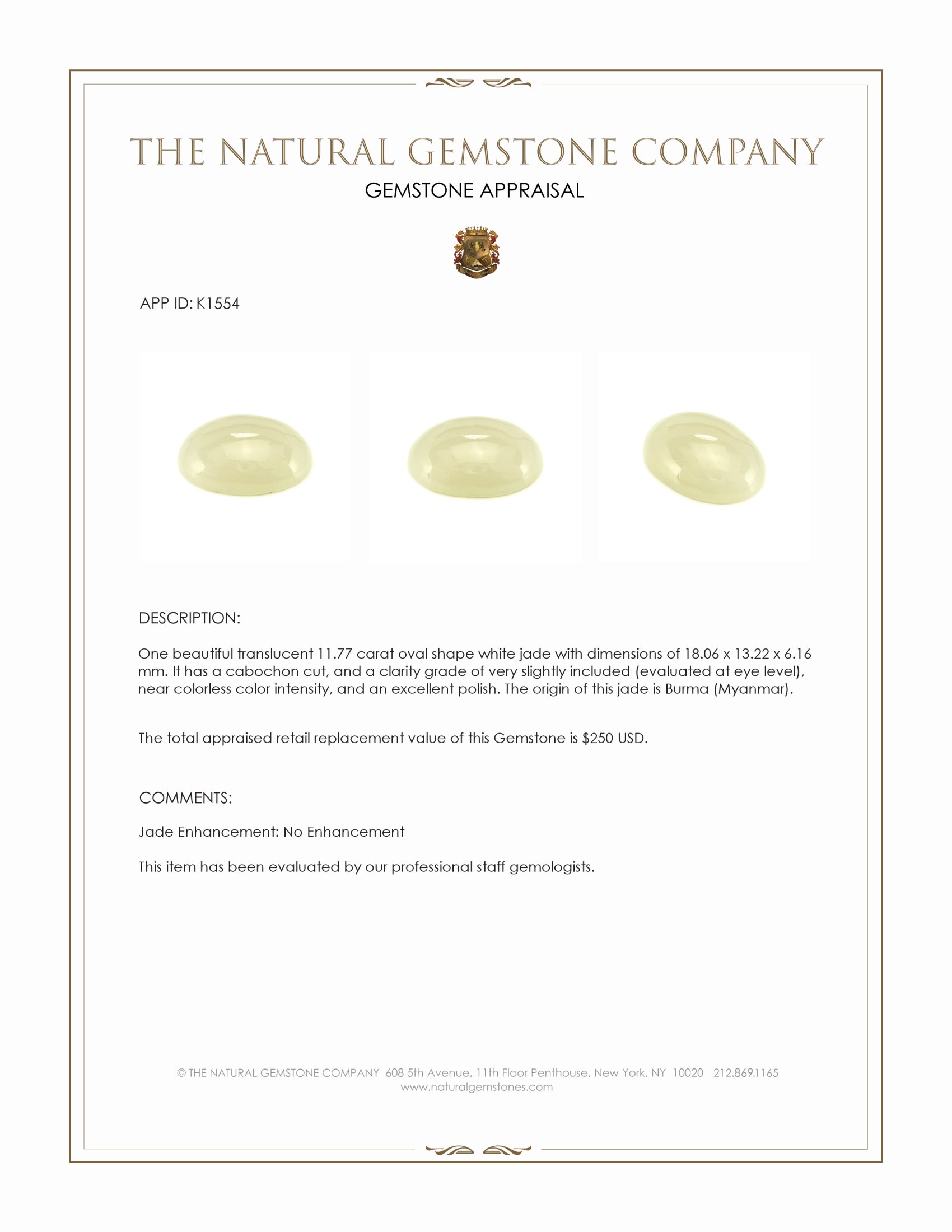 11.77 Ct. Cabochon Jade from Burma (Myanmar)