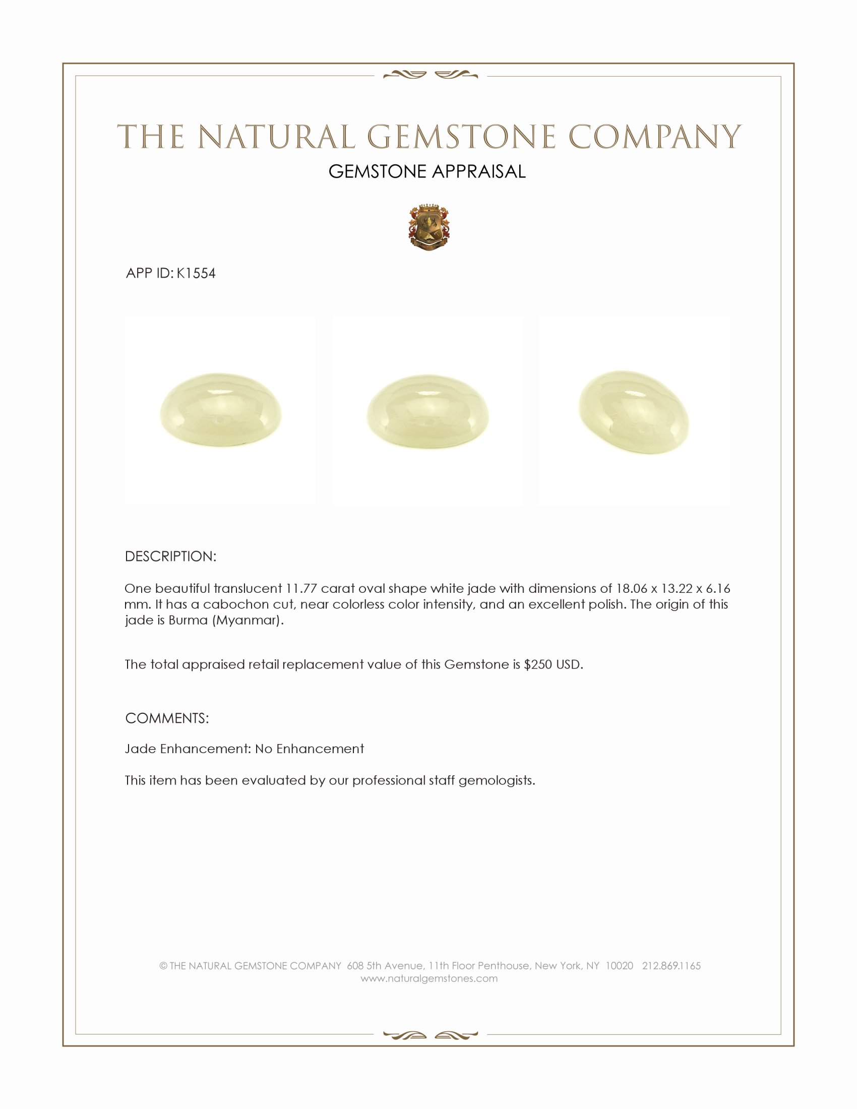 11.77 Ct. White Cabochon Jade from Burma (Myanmar)