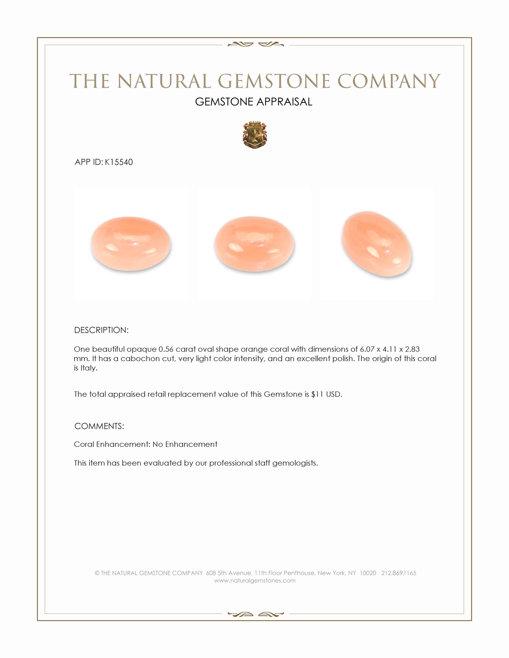 0.56 Ct. Cabochon Coral from Italy