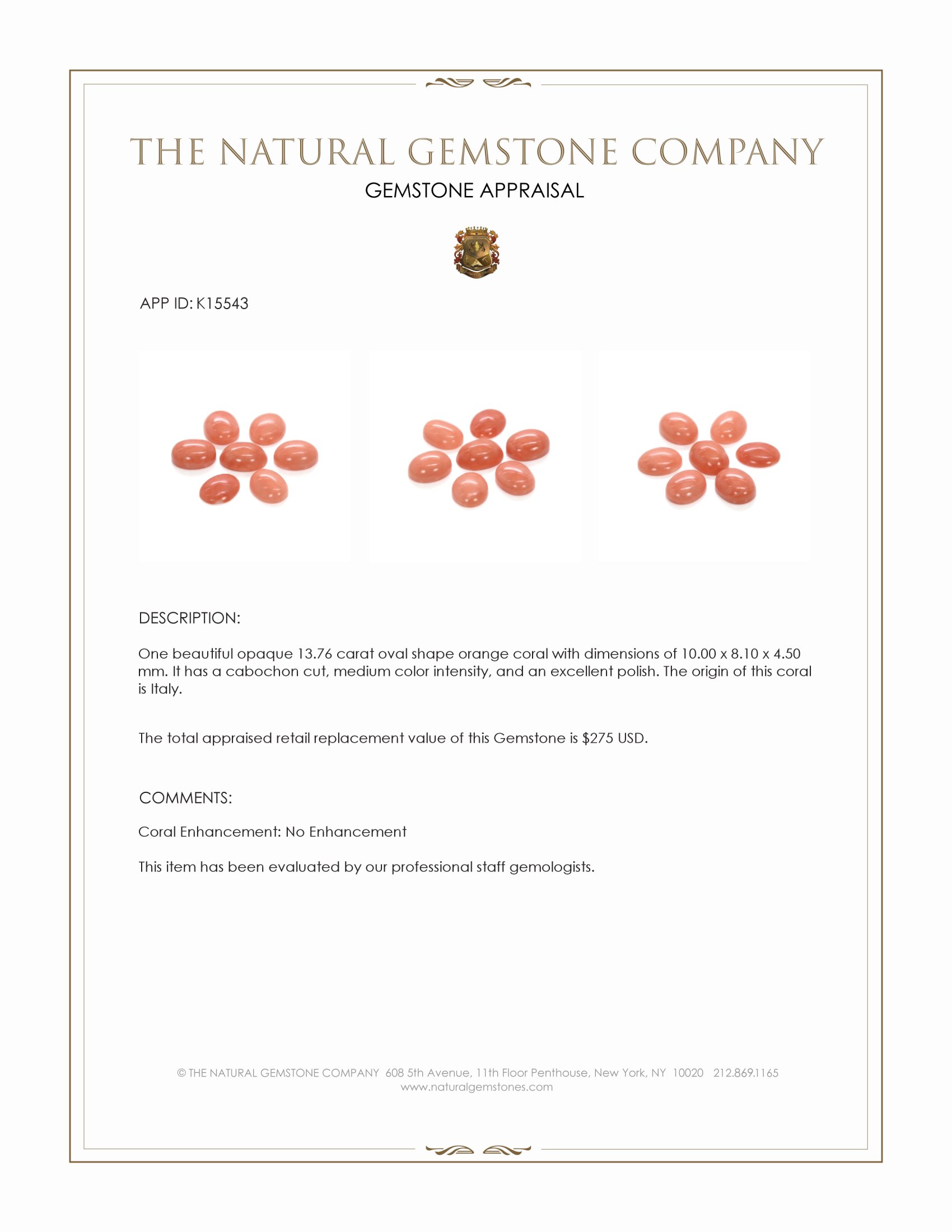 13.76 Ct. Cabochon Coral from Italy