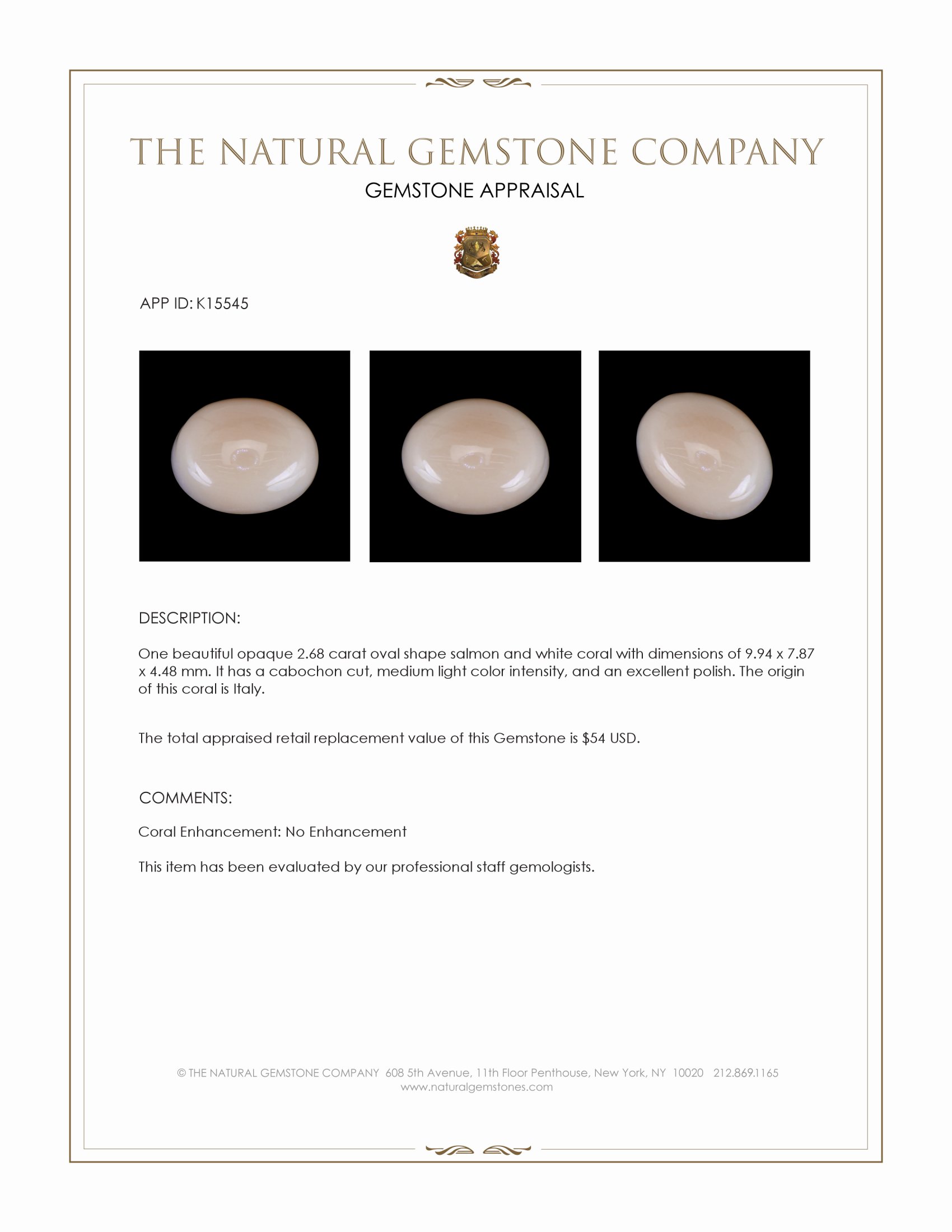 2.68 Ct. Cabochon Coral from Italy