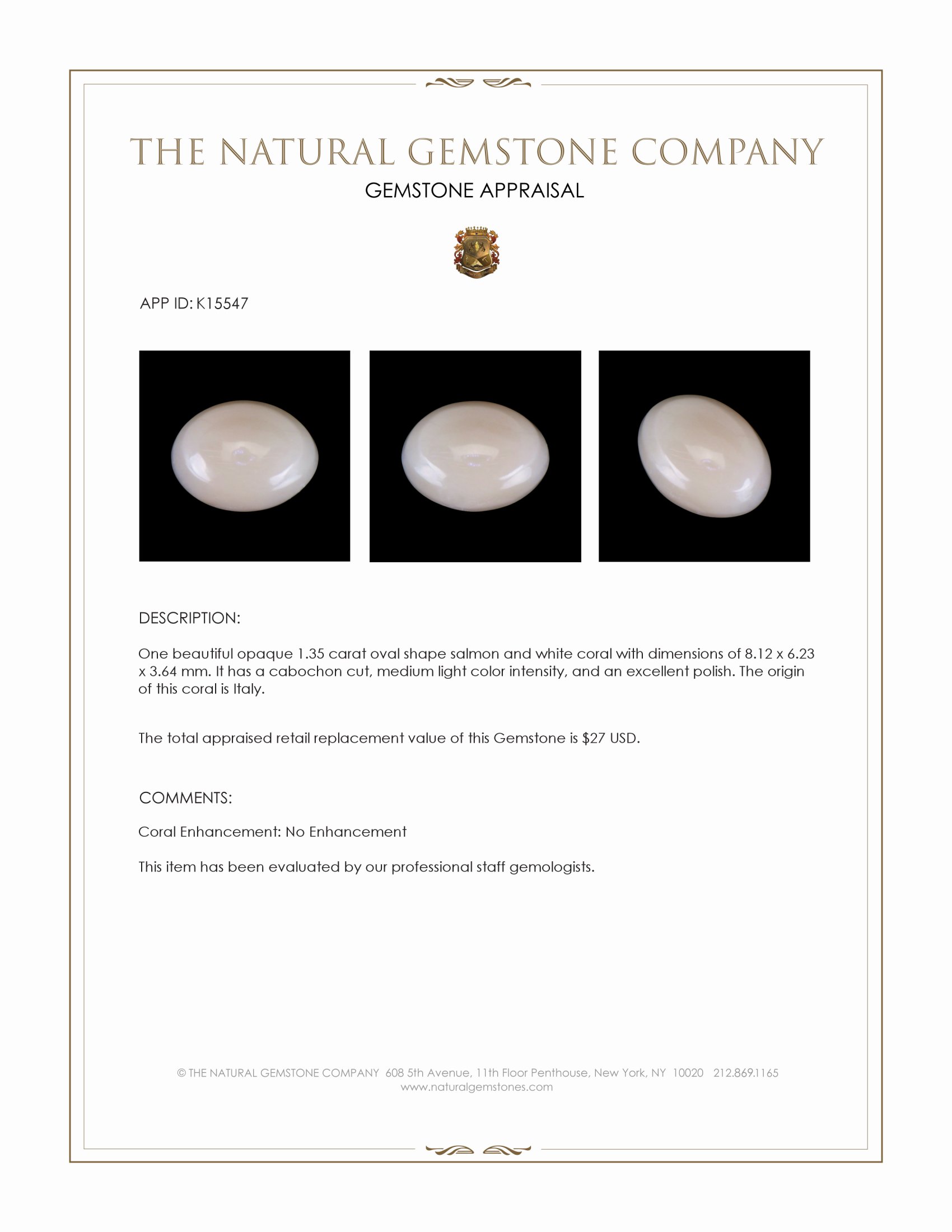 1.35 Ct. Cabochon Coral from Italy