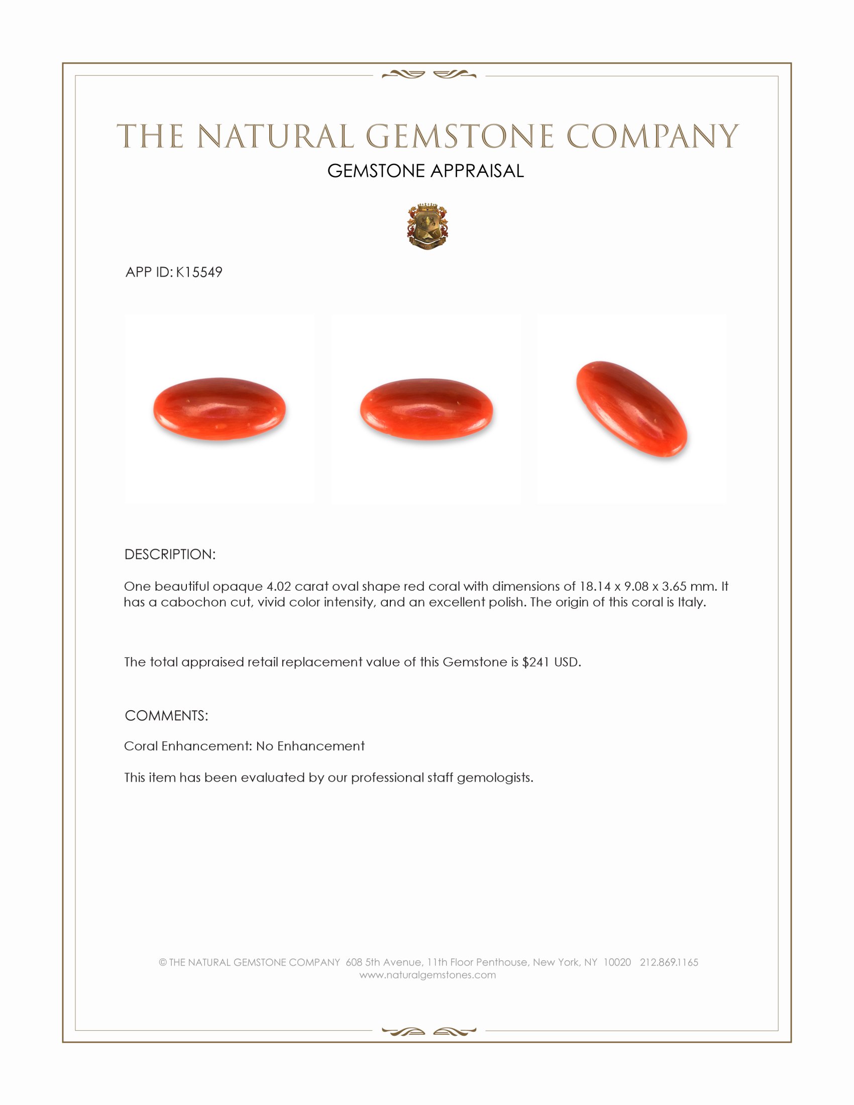 4.02 Ct. Cabochon Coral from Italy