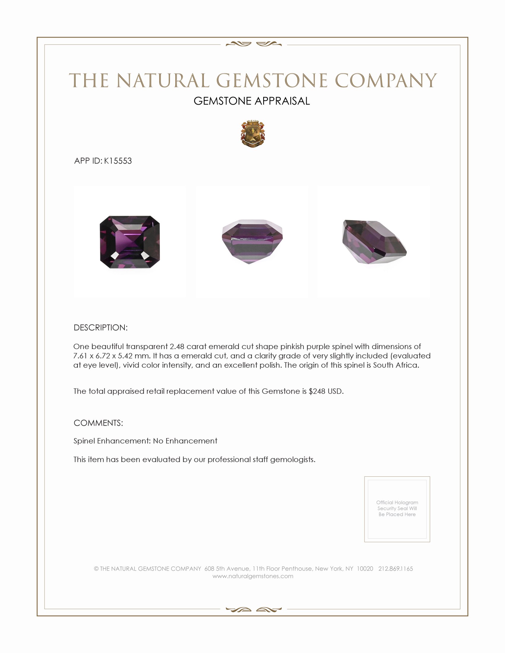 2.48 Ct. Spinel from South Africa