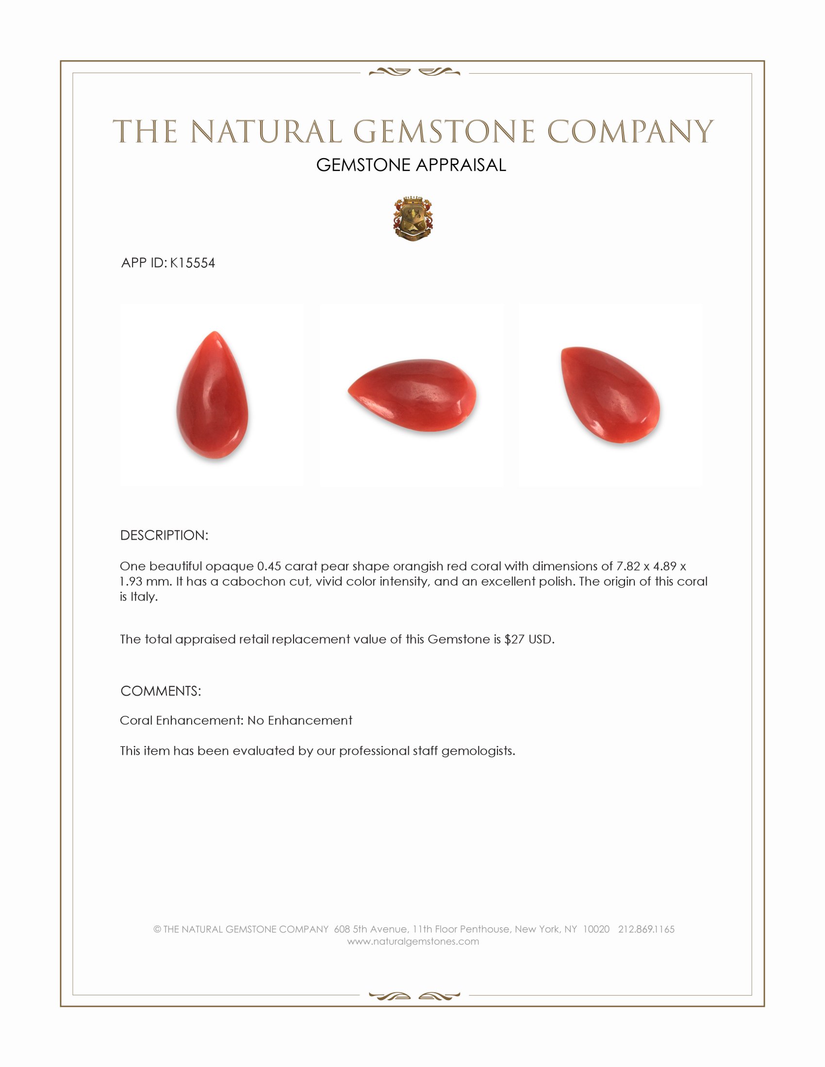 0.45 Ct. Cabochon Coral from Italy