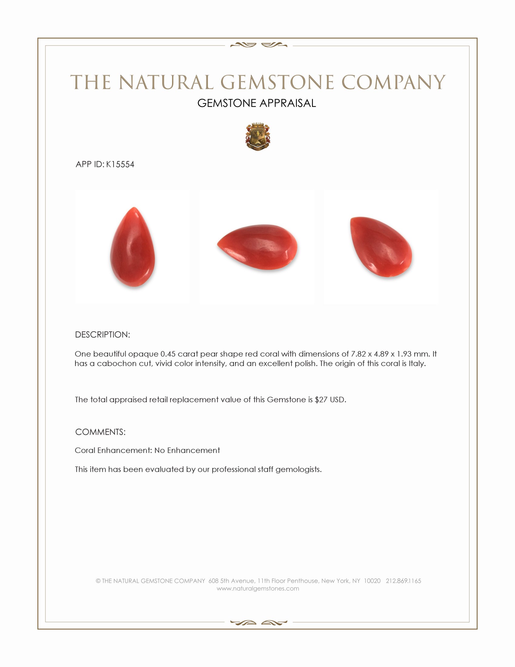 0.45 Ct. Cabochon Coral from Italy