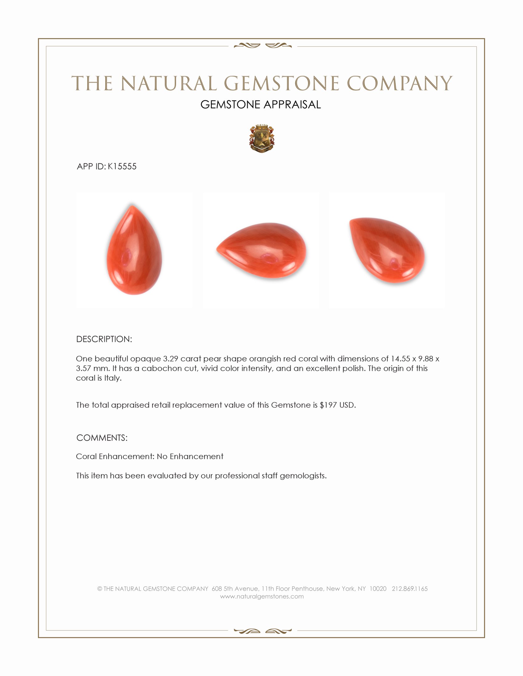 3.29 Ct. Salmon (Orangish Red) Cabochon Coral from Italy