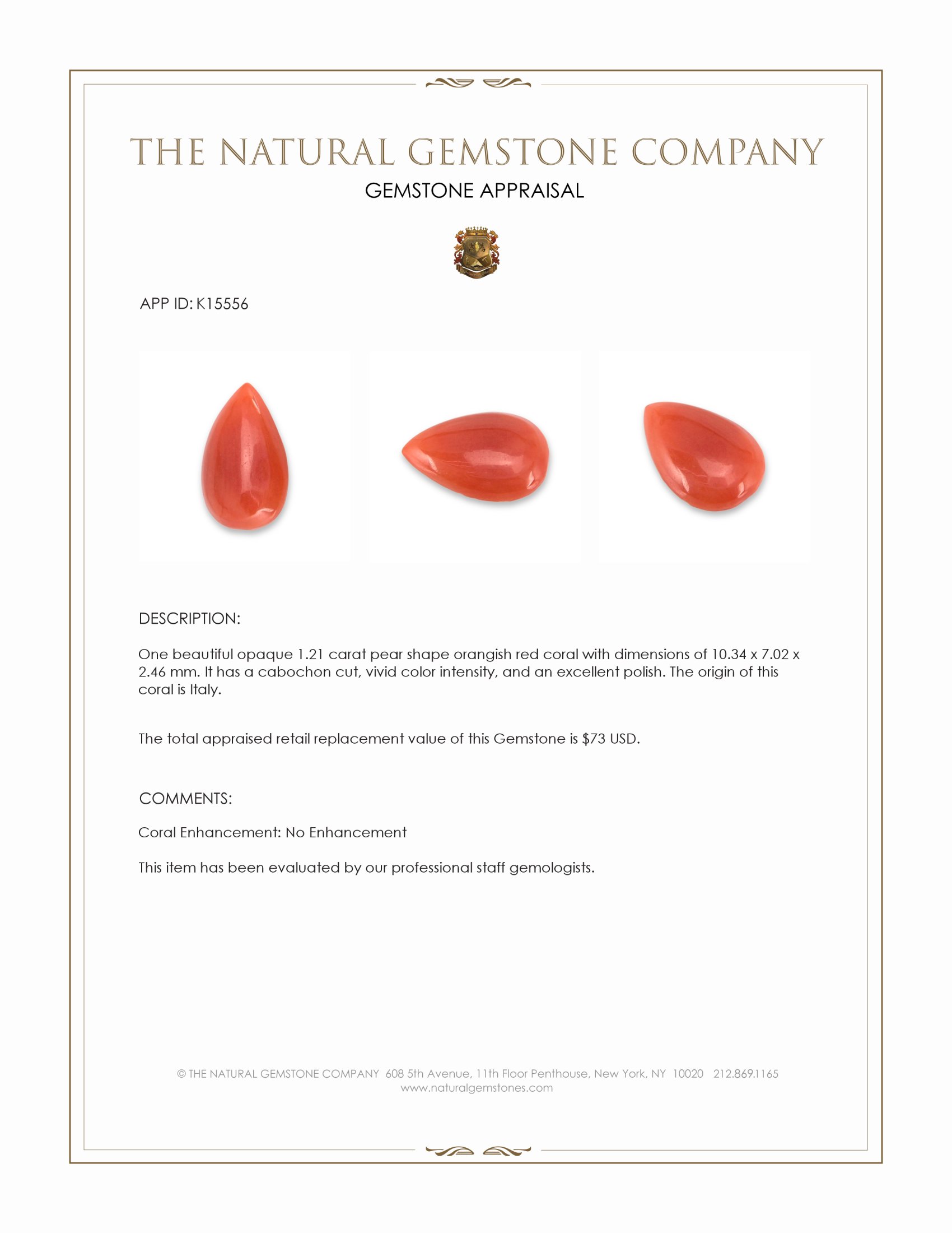 1.21 Ct. Cabochon Coral from Italy