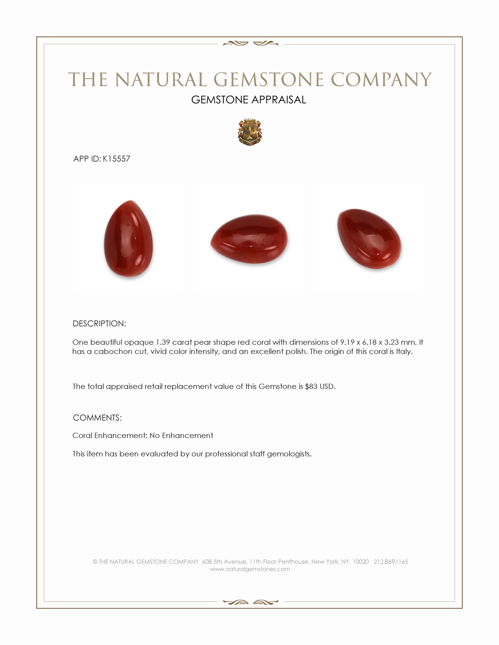 1.39 Ct. Oxblood (Red) Cabochon Coral from Italy