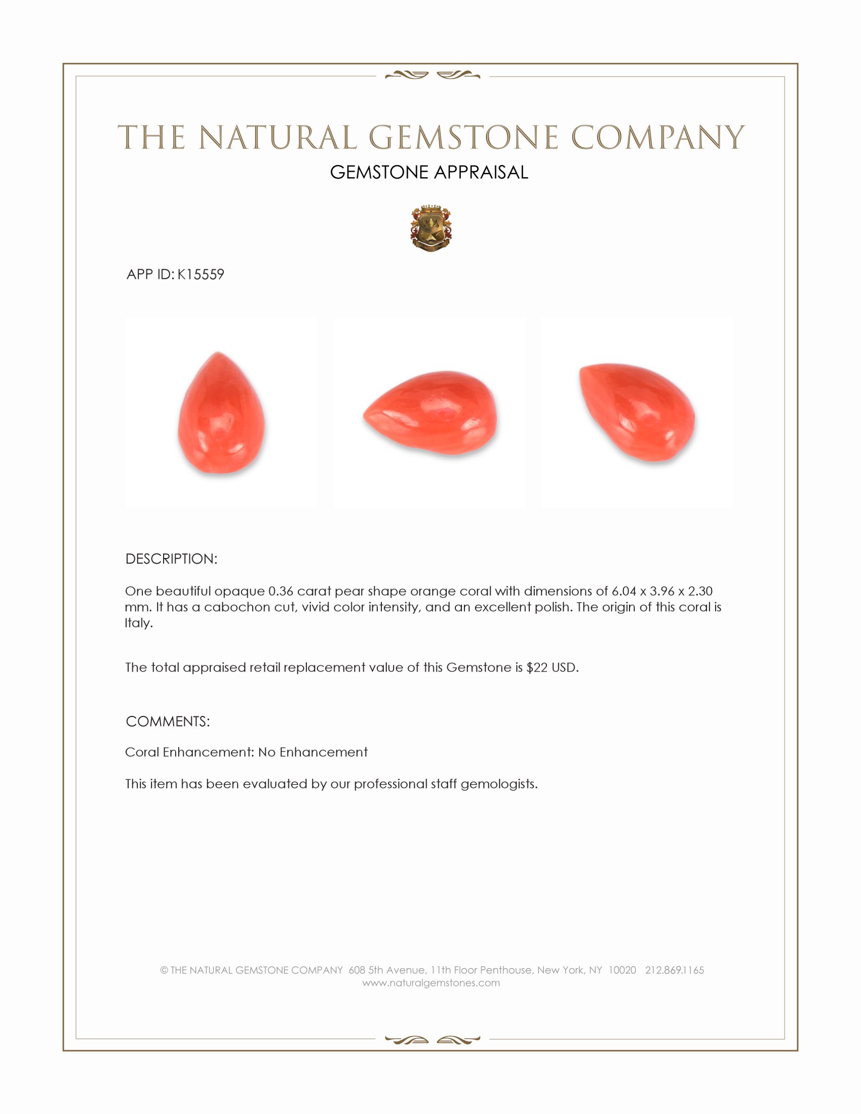 0.36 Ct. Cabochon Coral from Italy