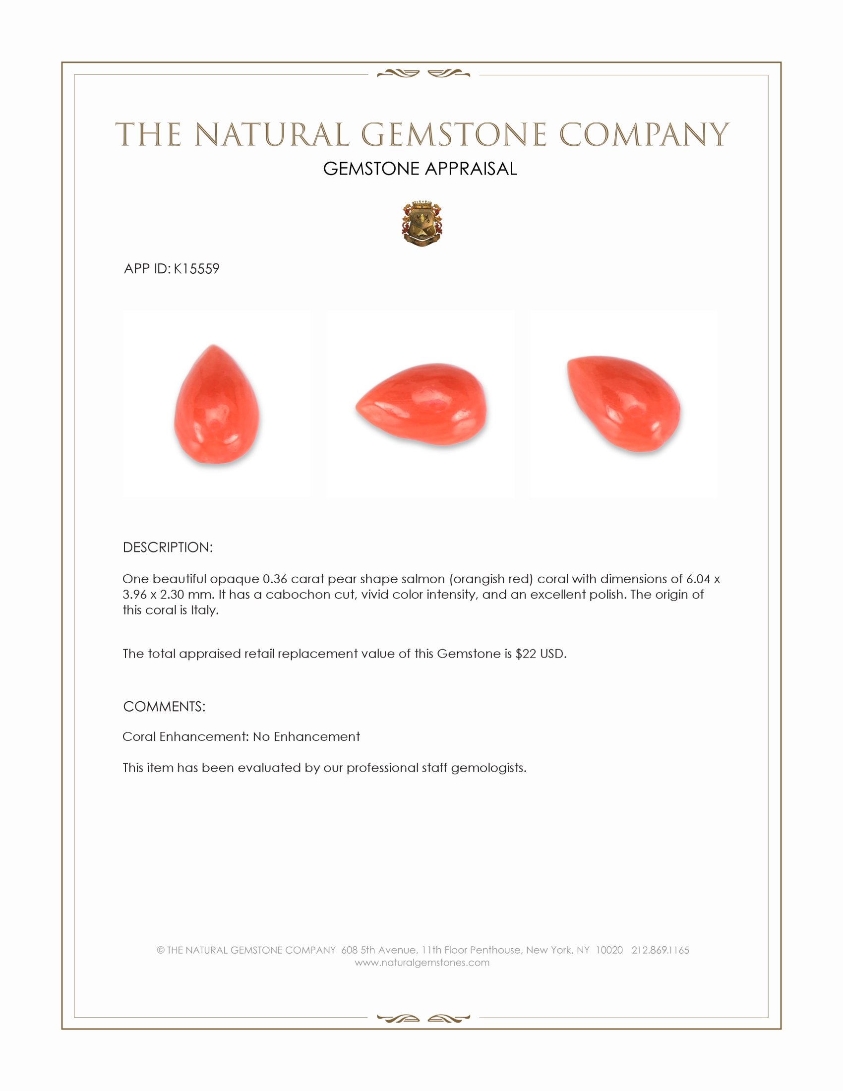 0.36 Ct. Salmon (Orangish Red) Cabochon Coral from Italy