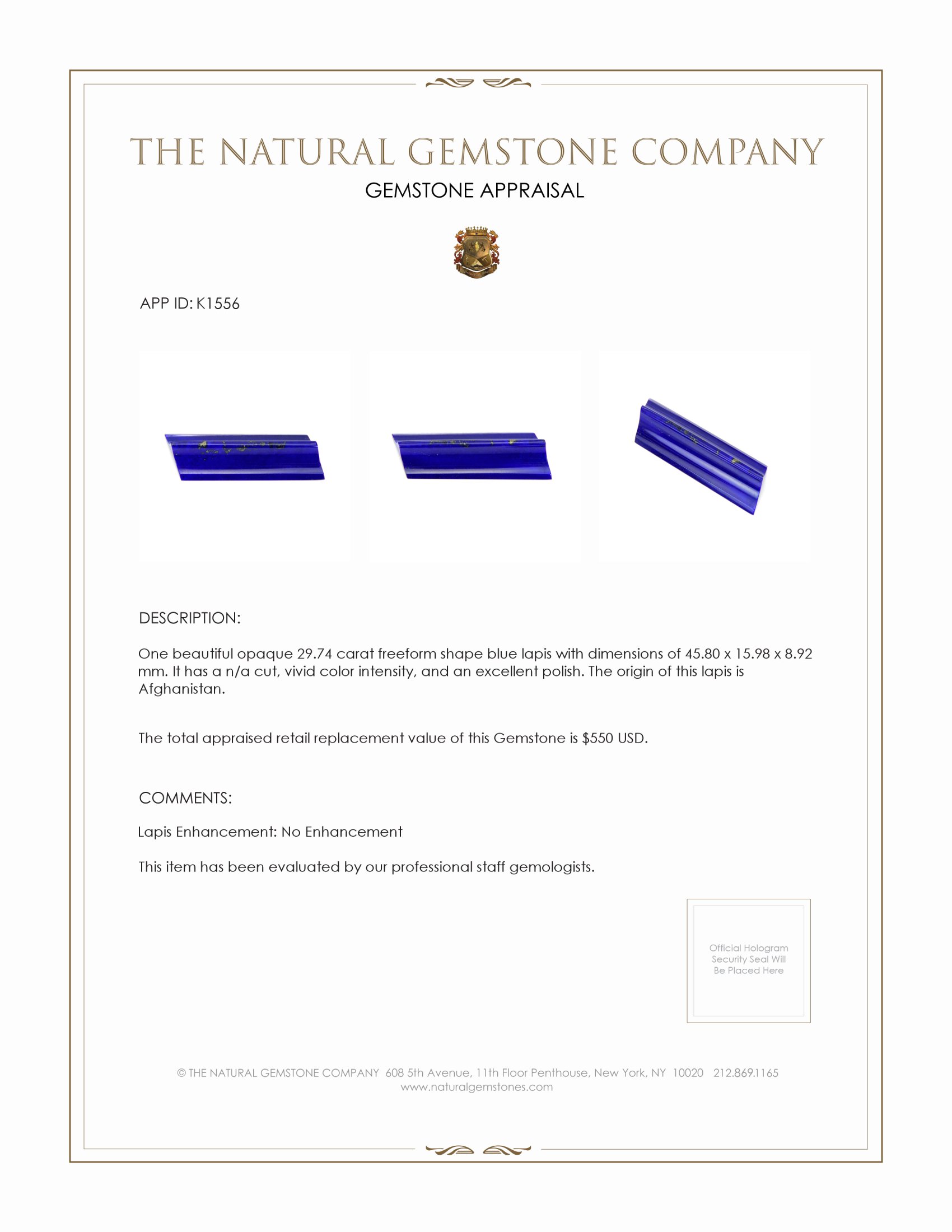 29.74 Ct. Lapis from Afghanistan