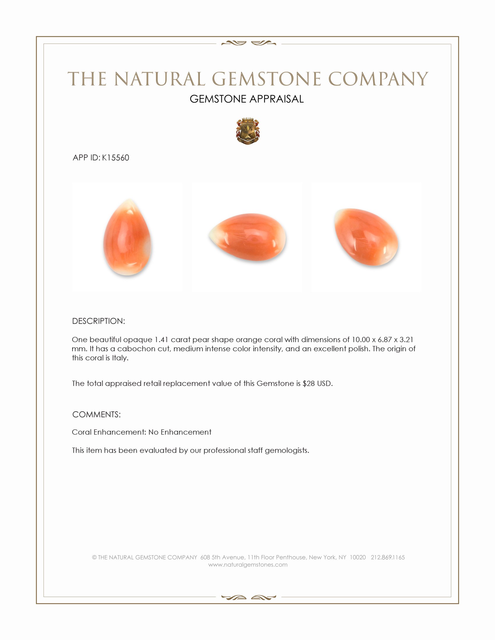 1.41 Ct. Cabochon Coral from Italy