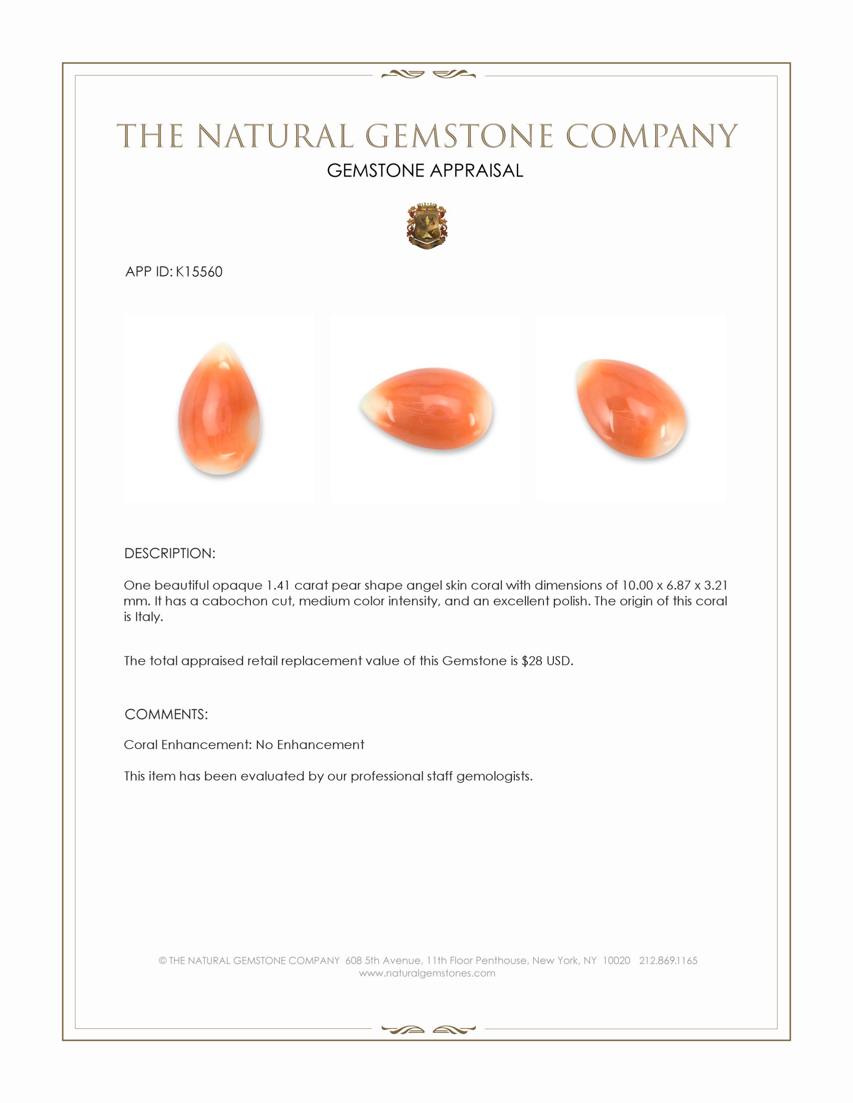 1.41 Ct. Cabochon Coral from Italy