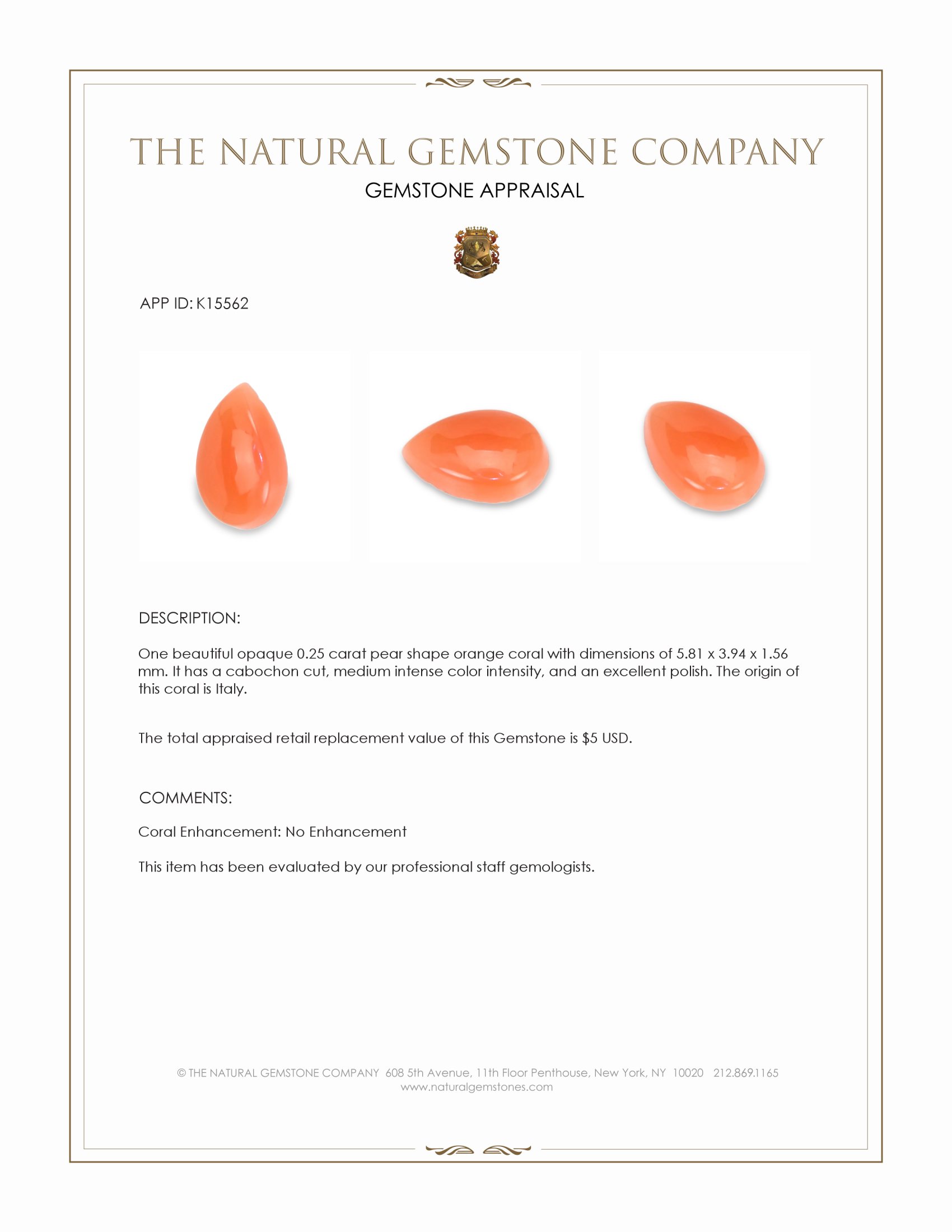 0.25 Ct. Salmon (Orange) Cabochon Coral from Italy
