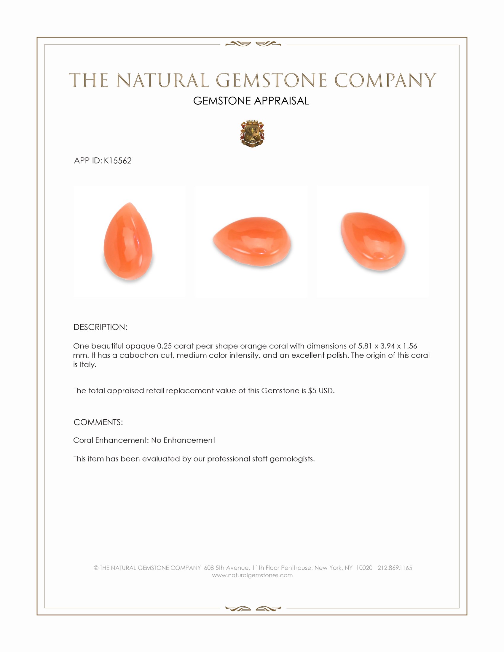 0.25 Ct. Cabochon Coral from Italy