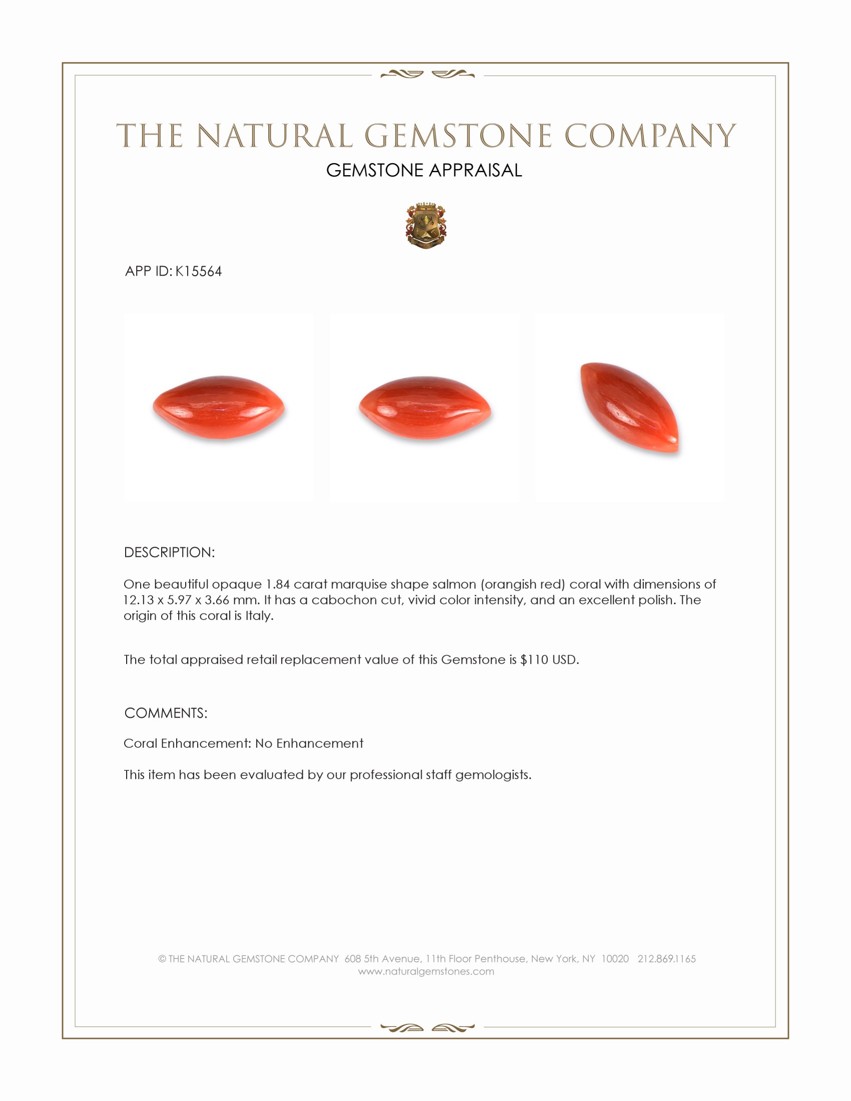 1.84 Ct. Salmon (Orangish Red) Cabochon Coral from Italy