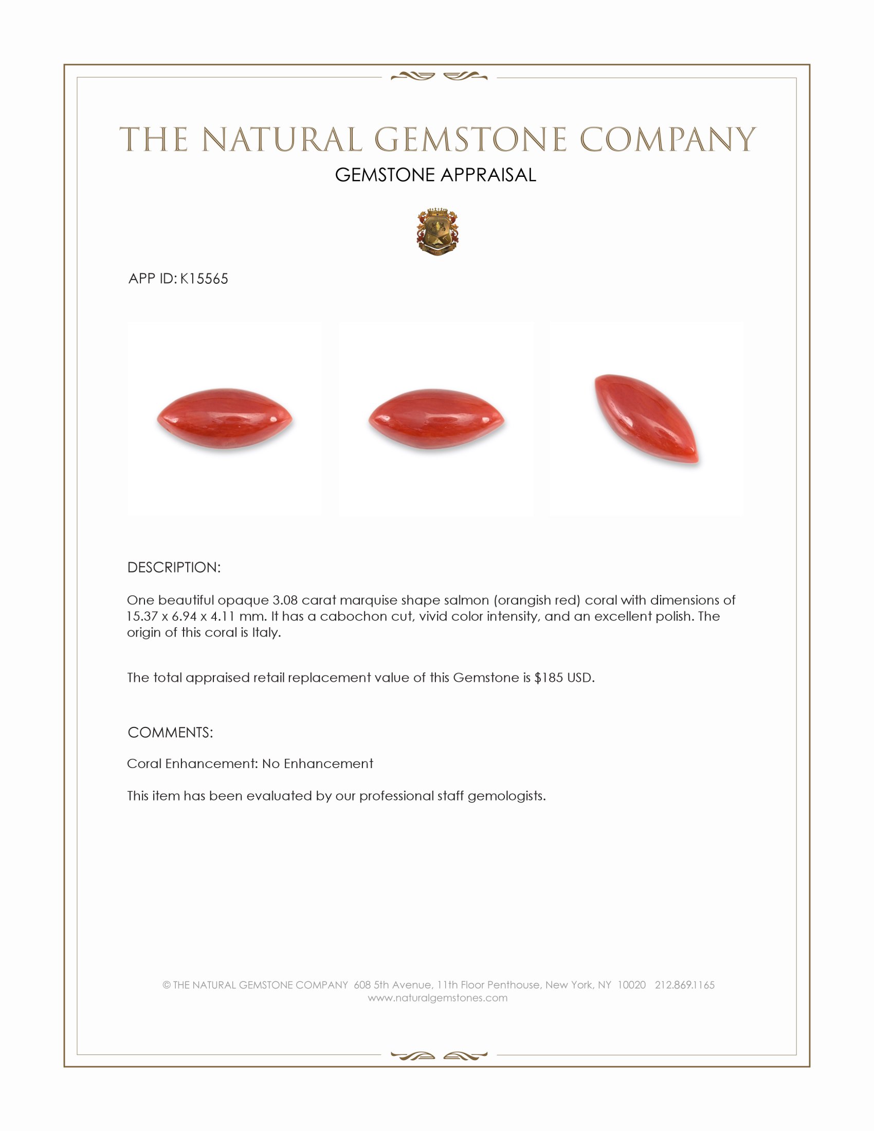 3.08 Ct. Salmon (Orangish Red) Cabochon Coral from Italy