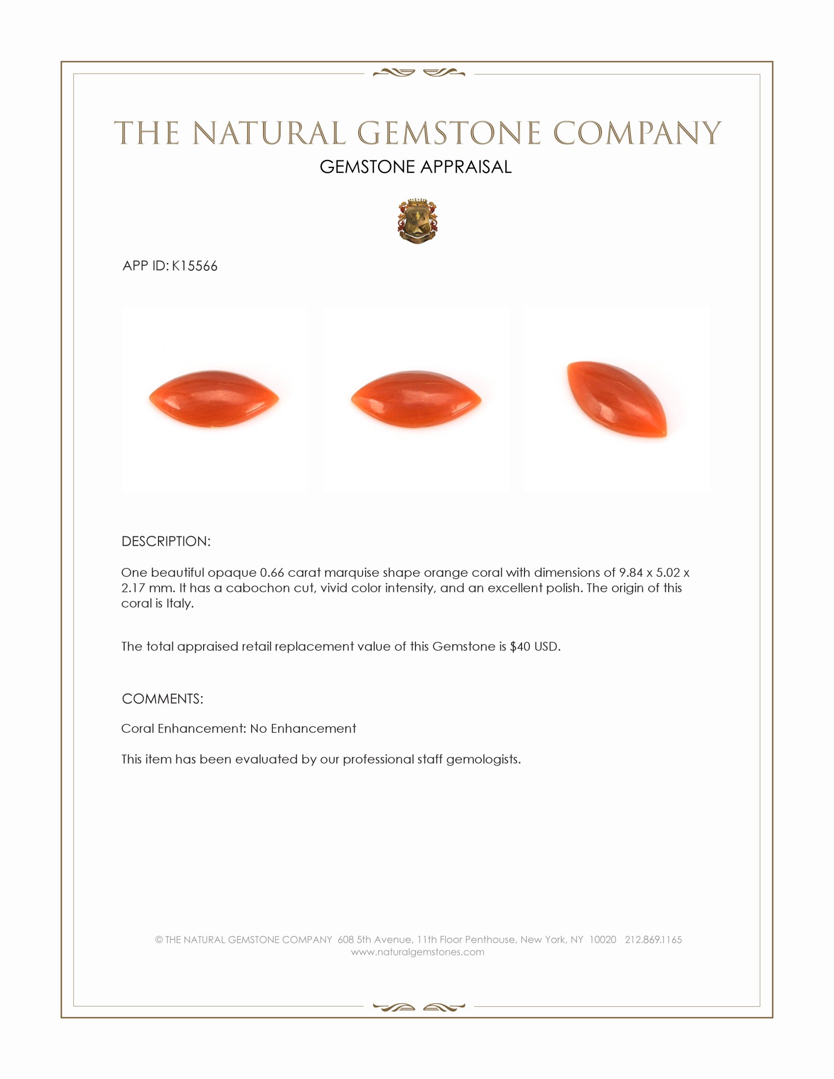 0.66 Ct. Cabochon Coral from Italy