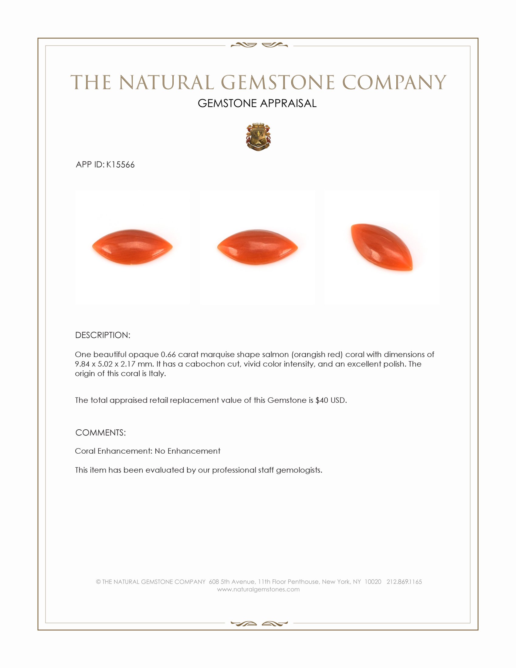 0.66 Ct. Salmon (Orangish Red) Cabochon Coral from Italy