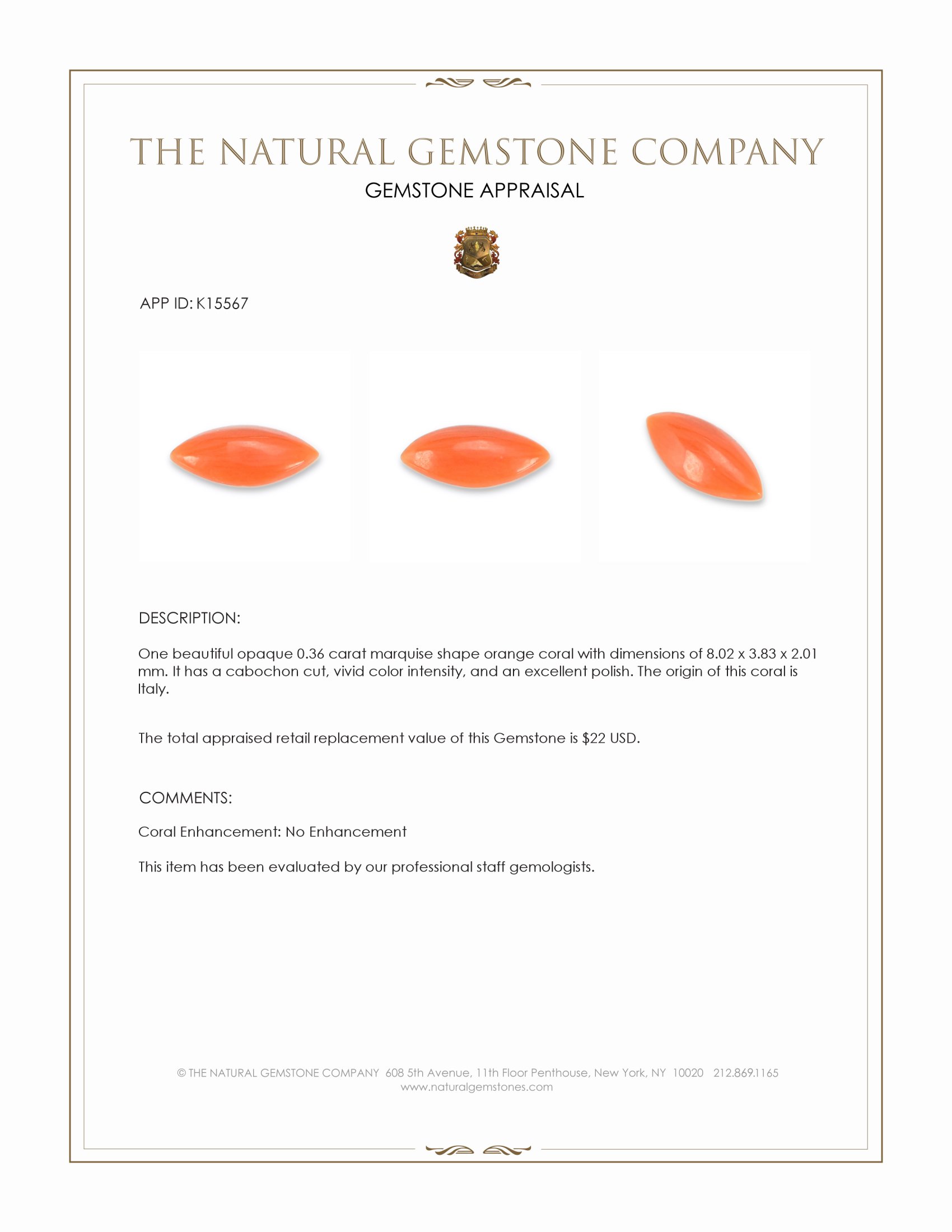 0.36 Ct. Salmon (Orange) Cabochon Coral from Italy