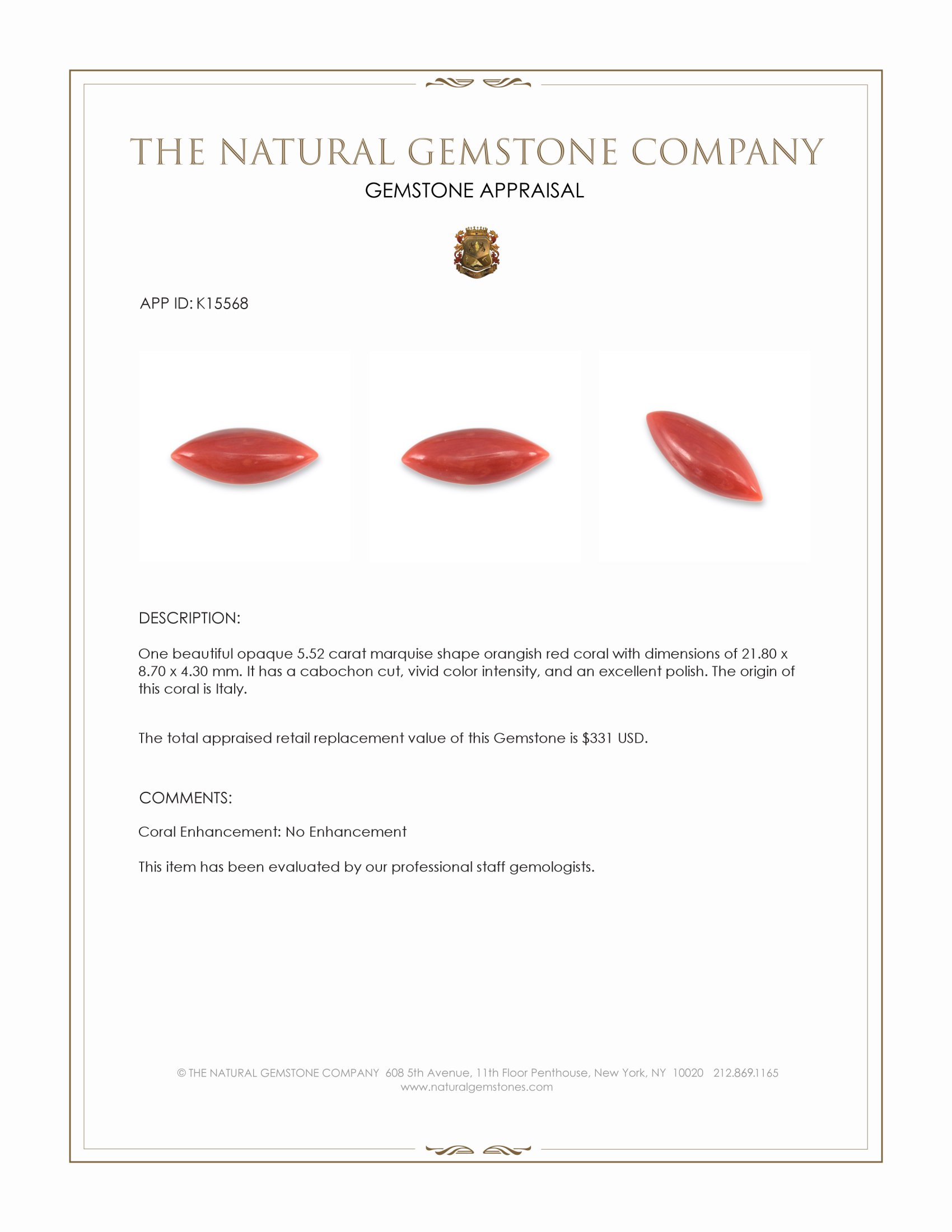 5.52 Ct. Cabochon Coral from Italy