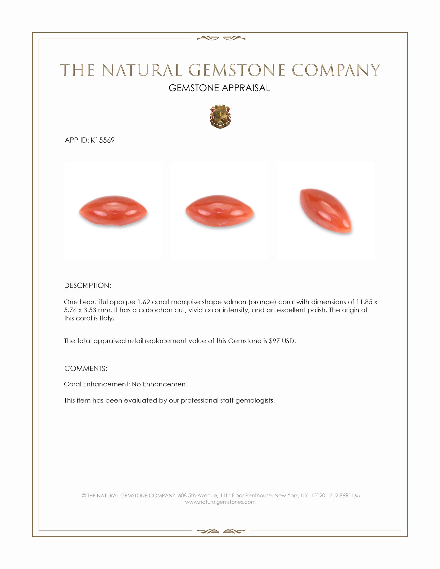 1.62 Ct. Salmon (Orange) Cabochon Coral from Italy