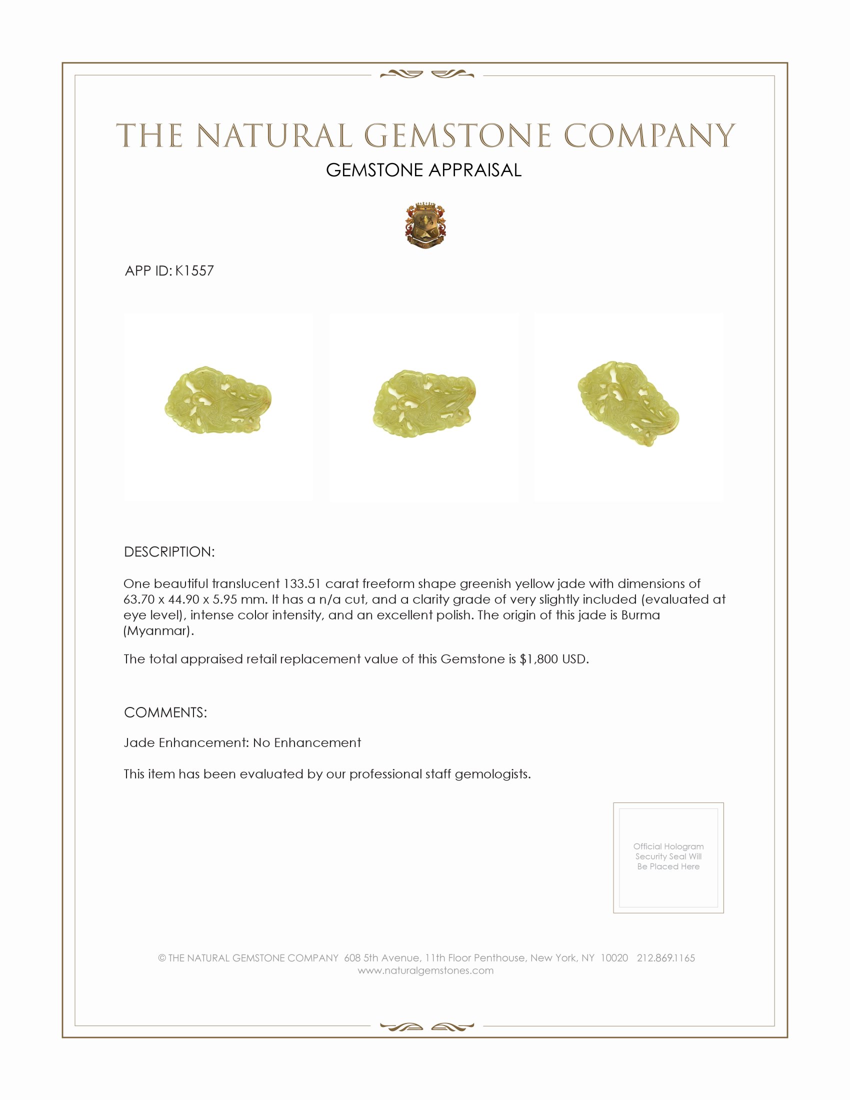 133.51 Ct. Greenish Yellow Jade from Burma (Myanmar)
