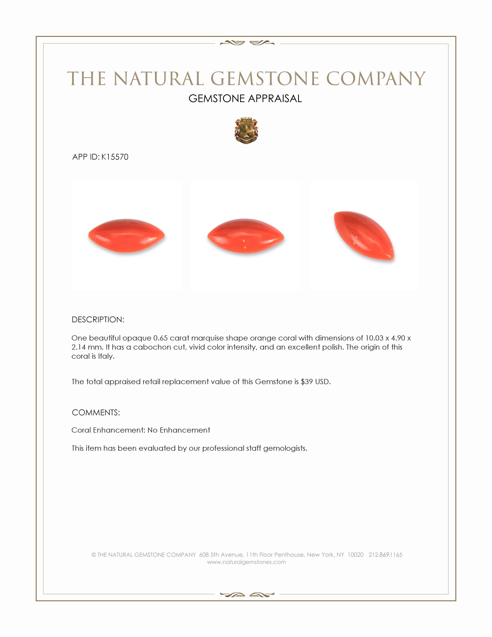 0.65 Ct. Cabochon Coral from Italy