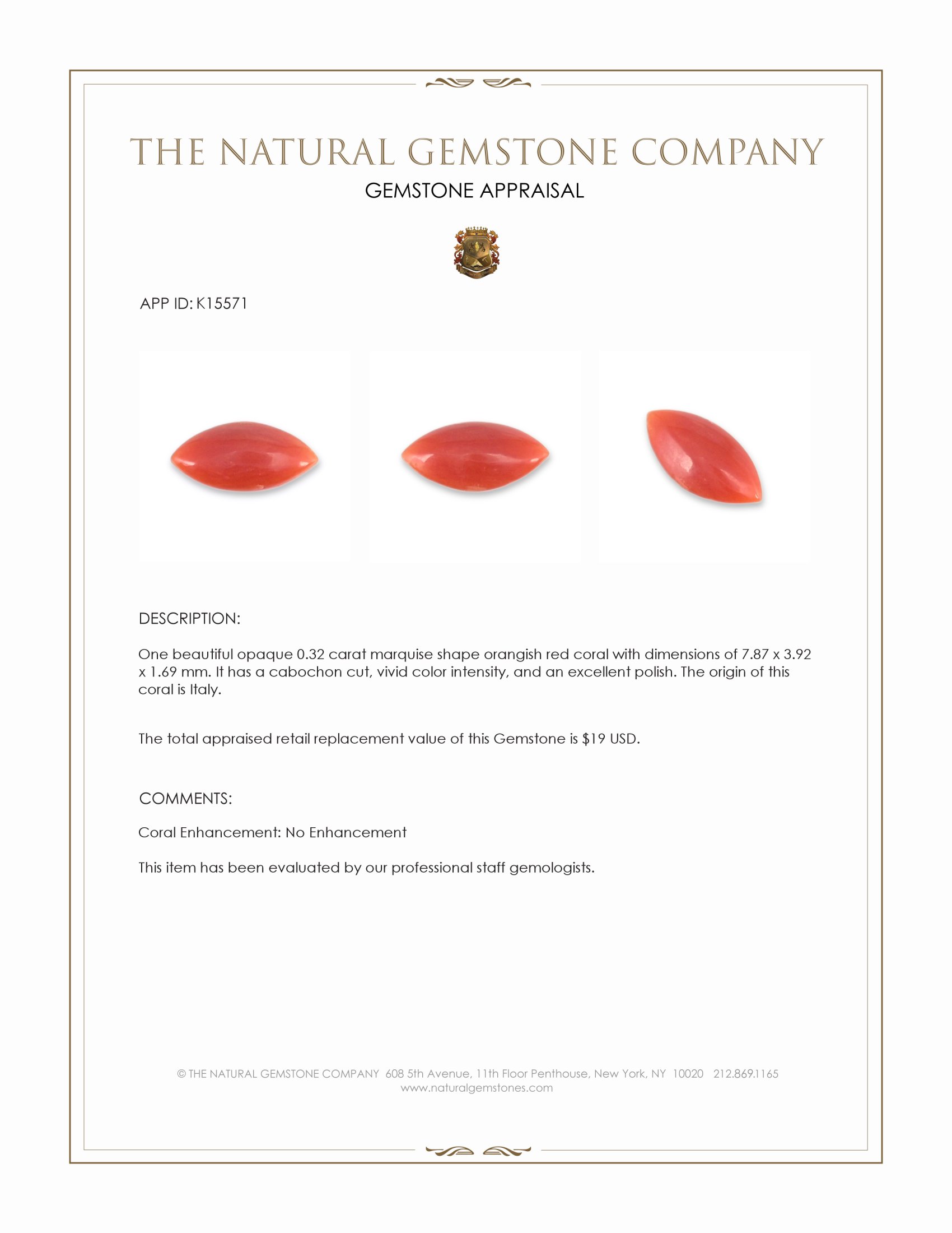 0.32 Ct. Salmon (Orangish Red) Cabochon Coral from Italy