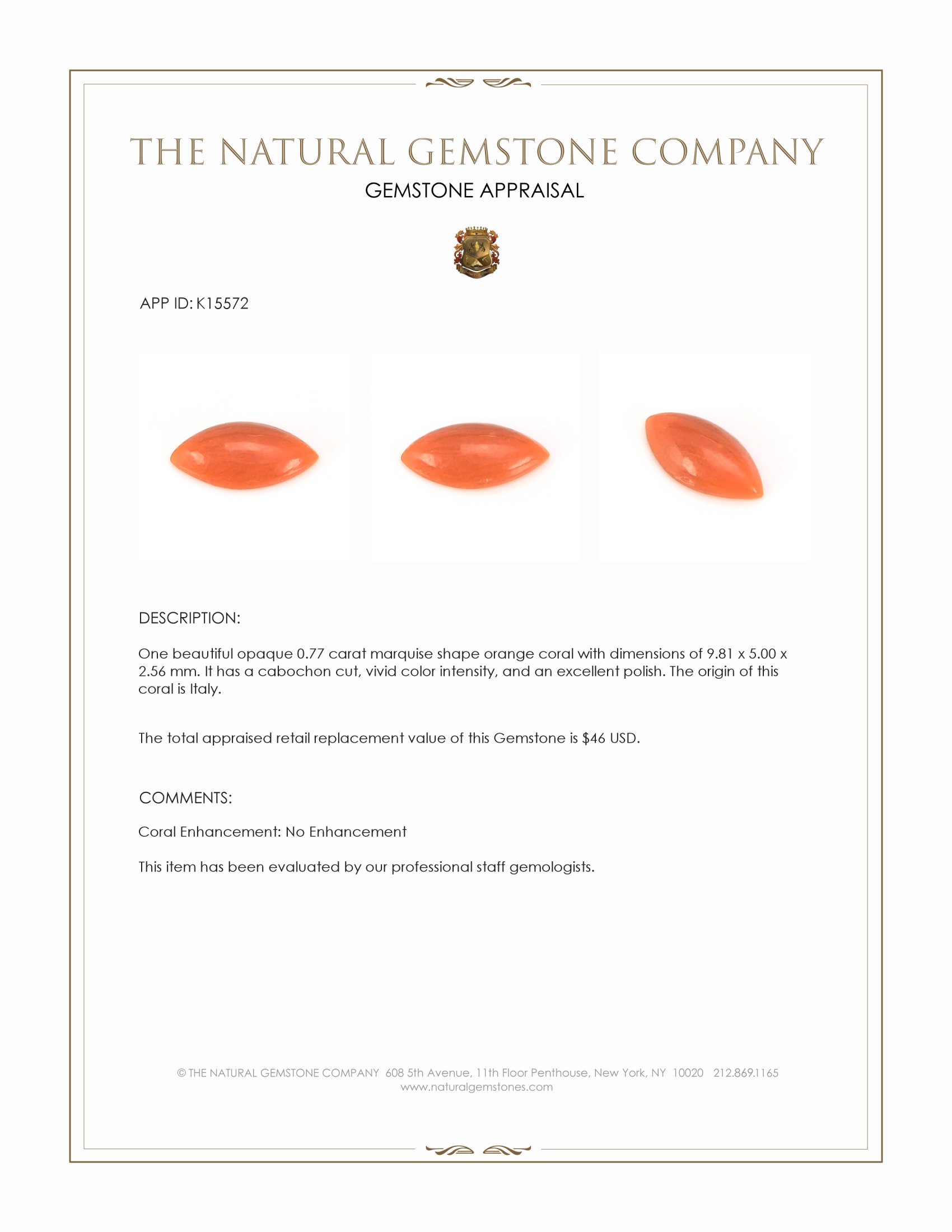 0.77 Ct. Salmon (Orange) Cabochon Coral from Italy