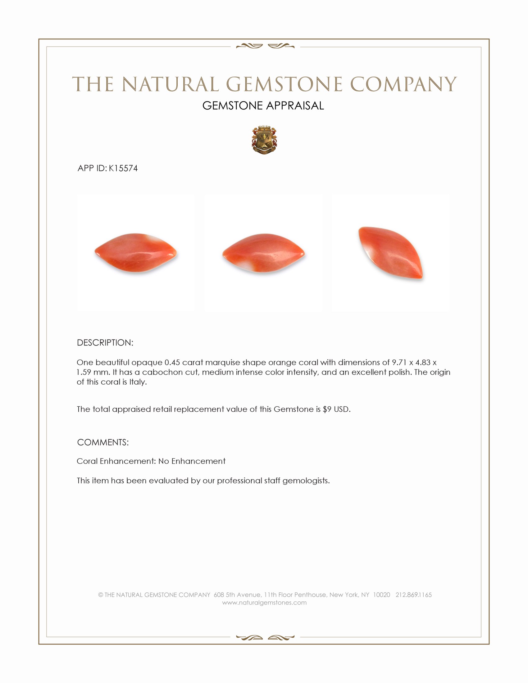 0.45 Ct. Cabochon Coral from Italy