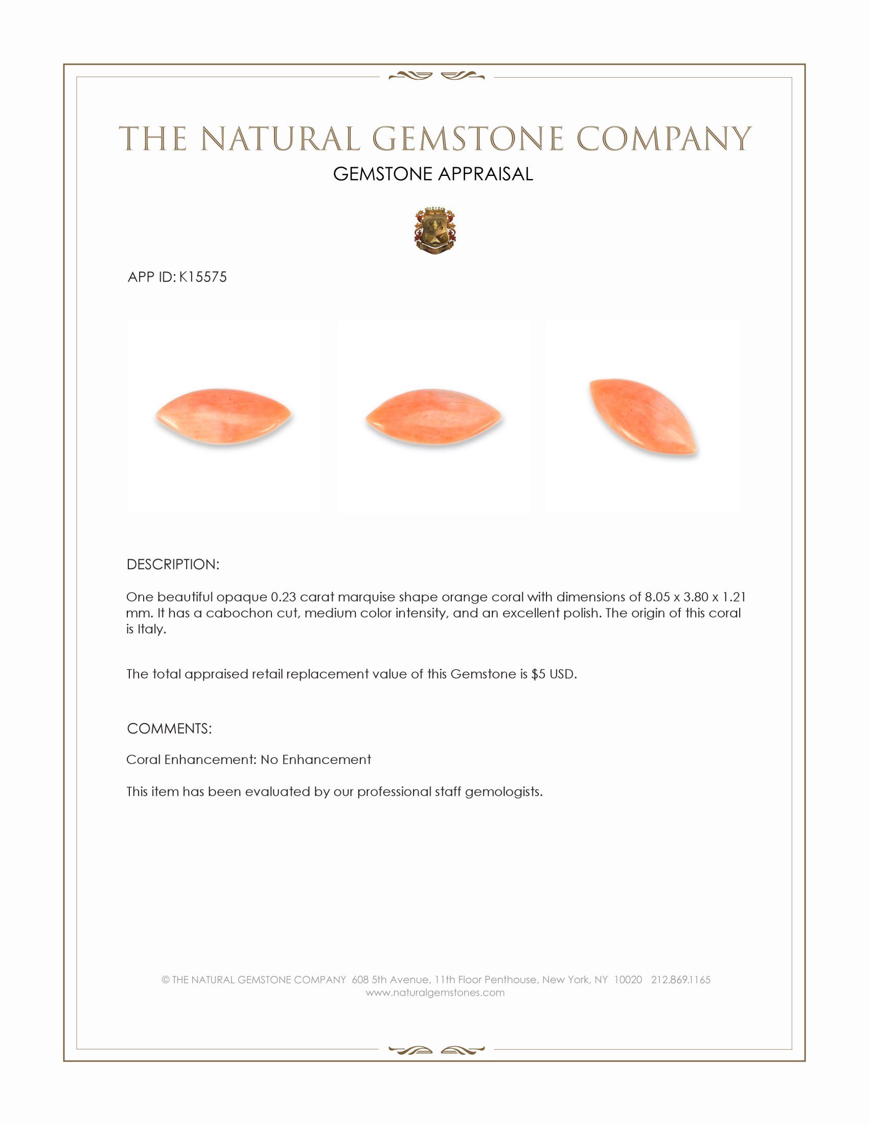 0.23 Ct. Angel Skin (Peach) Cabochon Coral from Italy