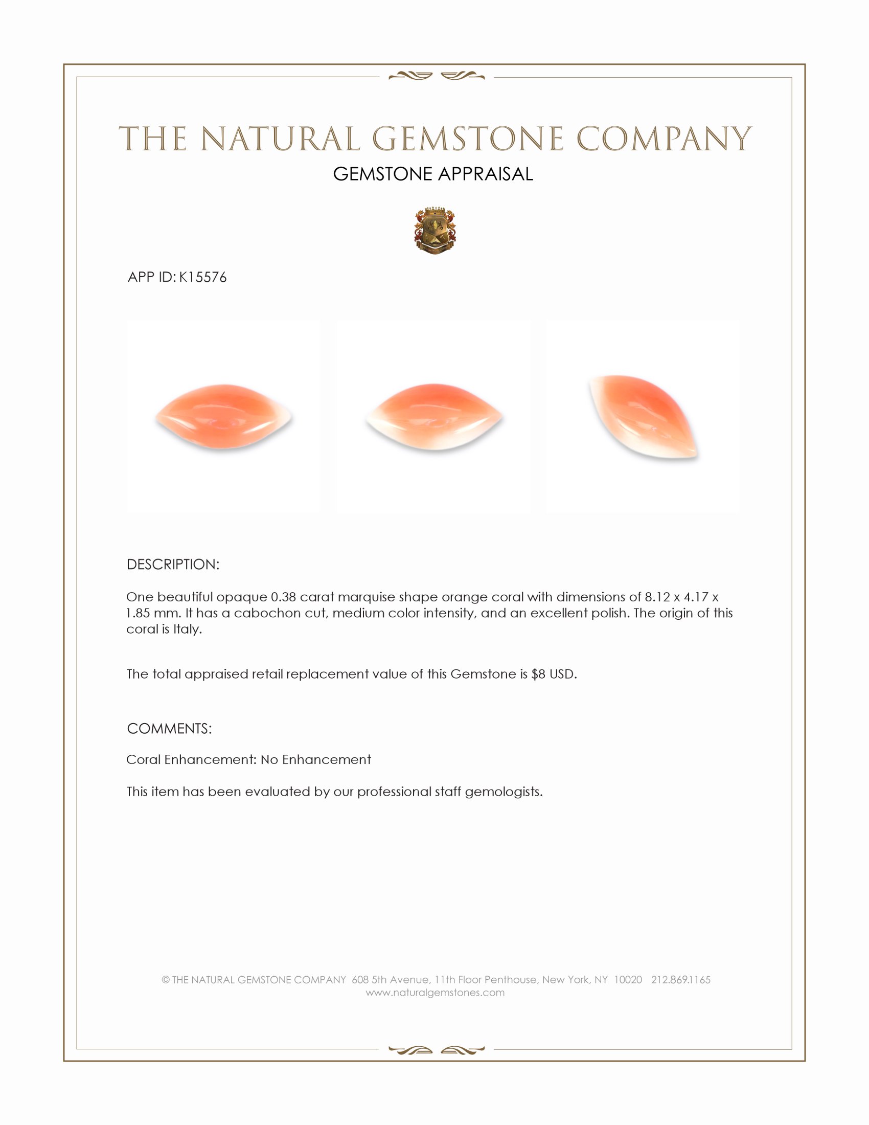 0.38 Ct. Angel Skin (Peach) Cabochon Coral from Italy