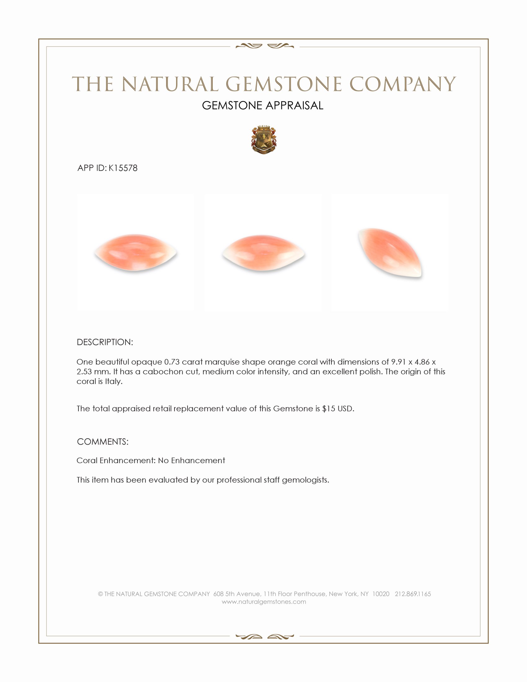 0.73 Ct. Cabochon Coral from Italy