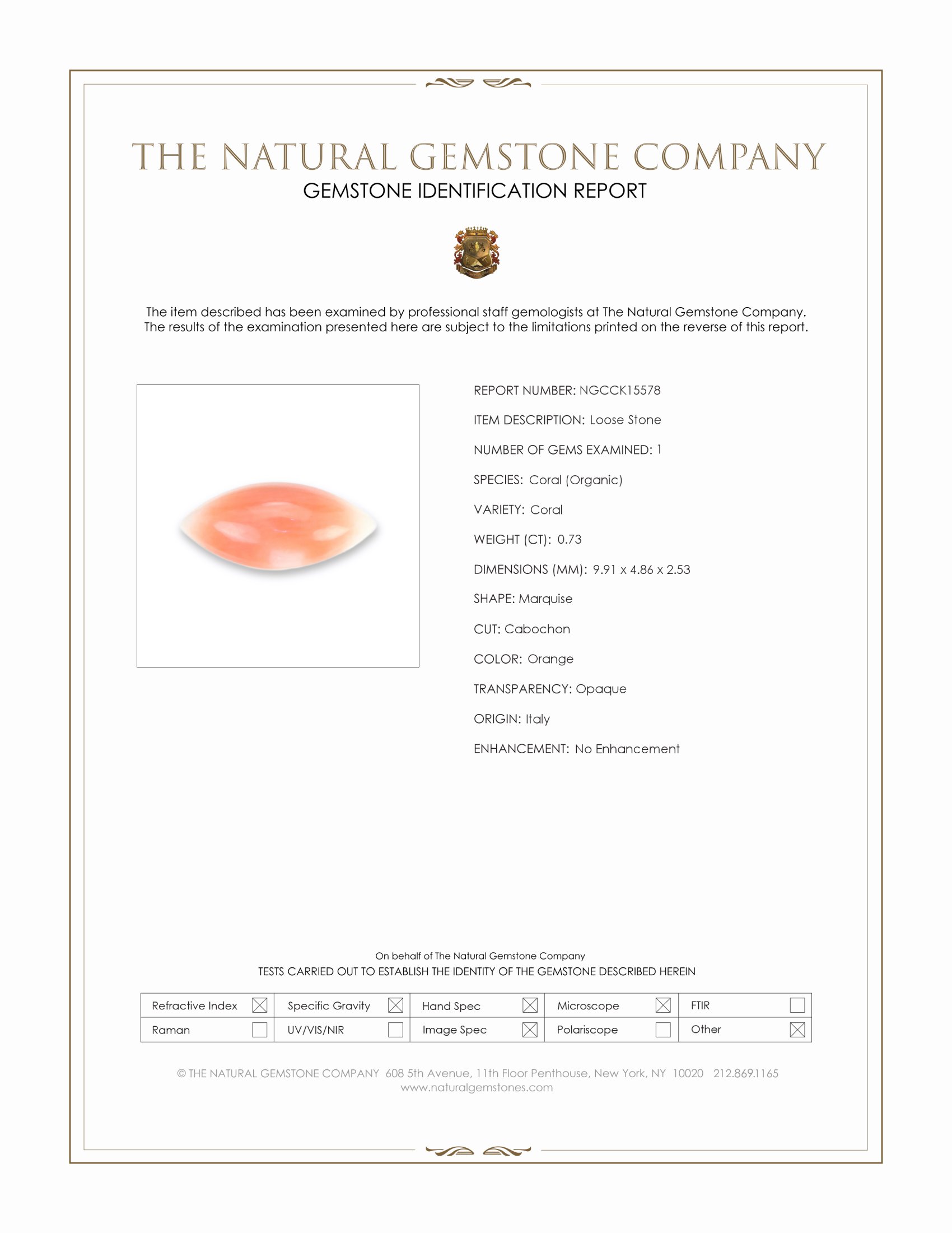 0.73 Ct. Angel Skin (Peach) Cabochon Coral from Italy