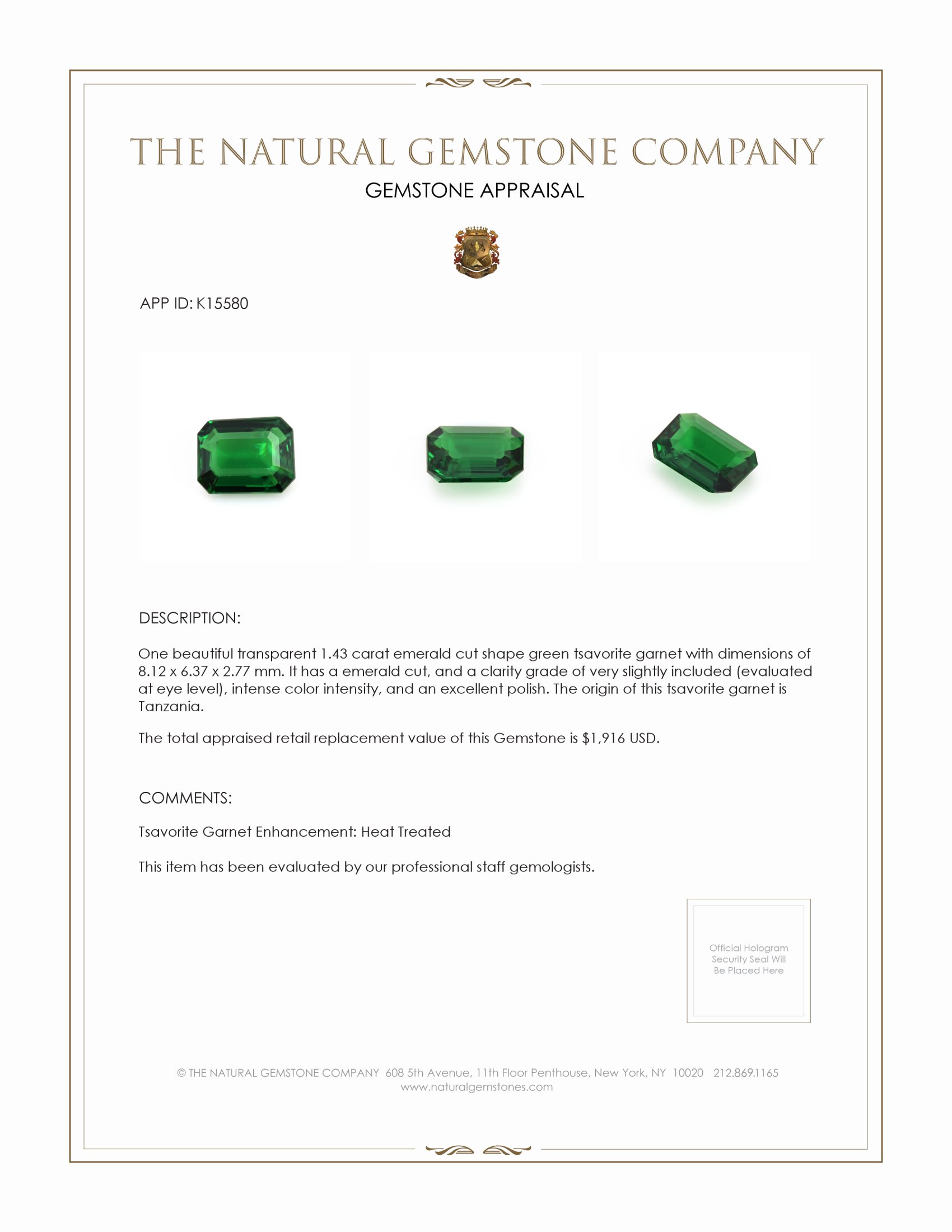 1.43 Ct. Tsavorite Garnet from Tanzania