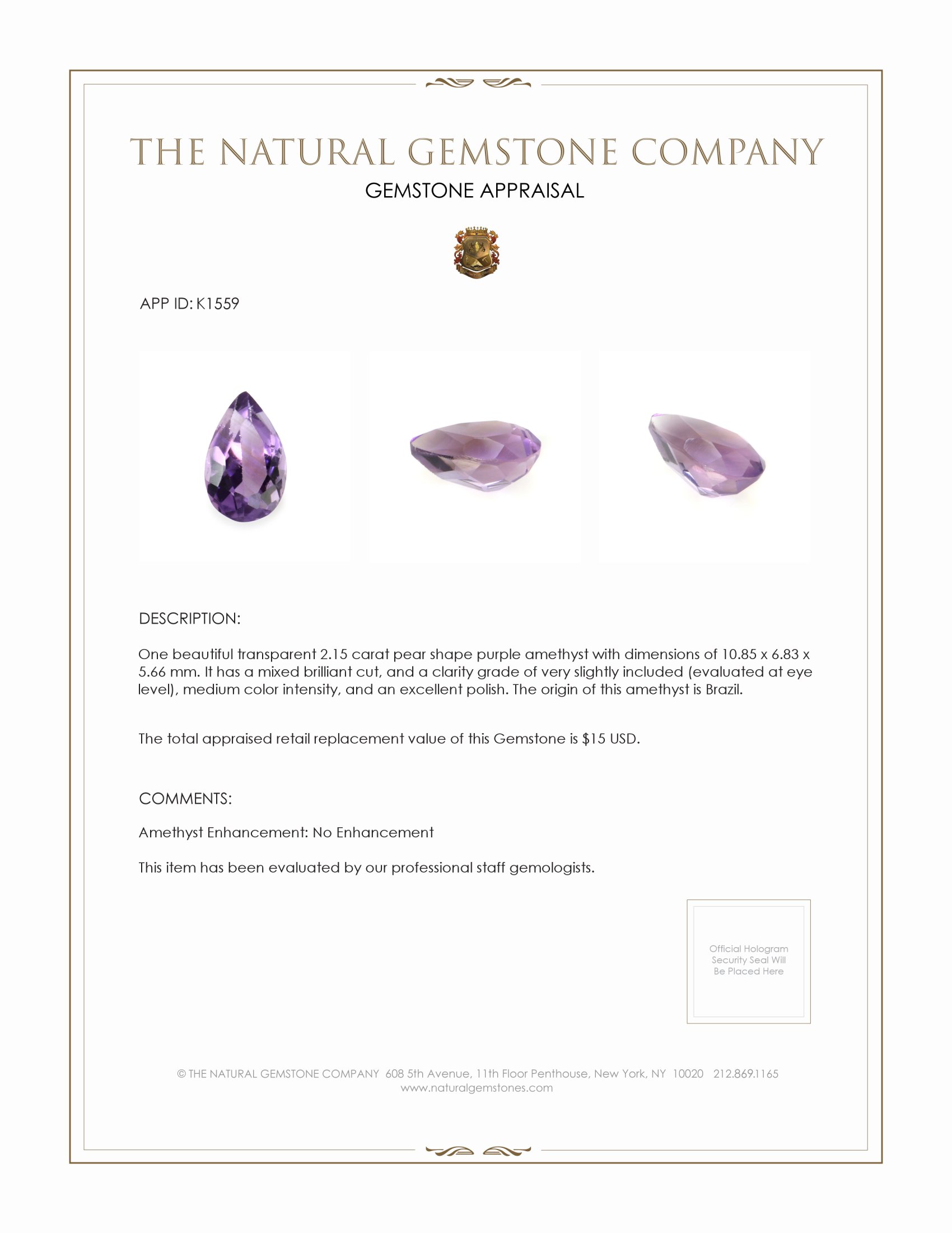 2.15 Ct. Amethyst from Brazil