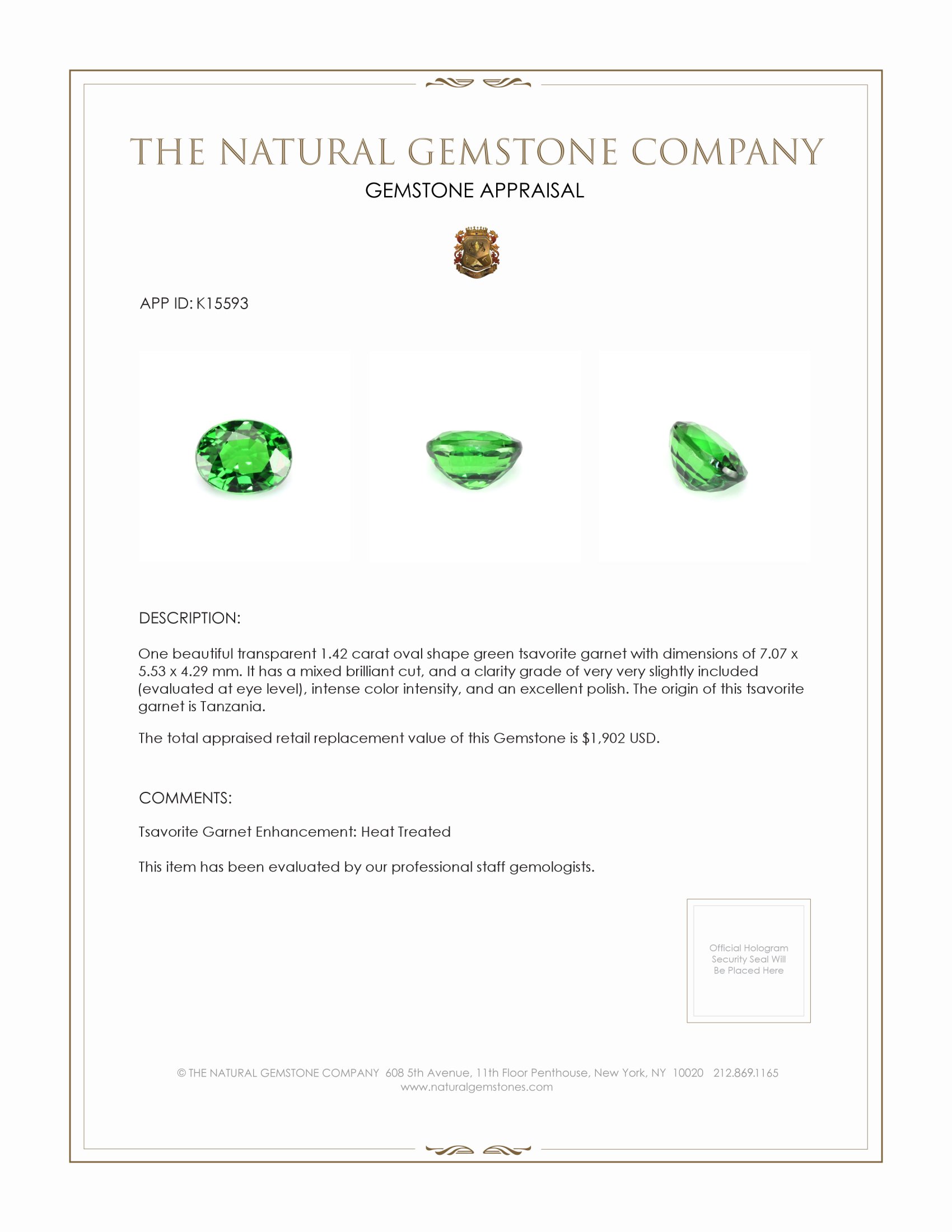 1.42 Ct. Tsavorite Garnet from Tanzania