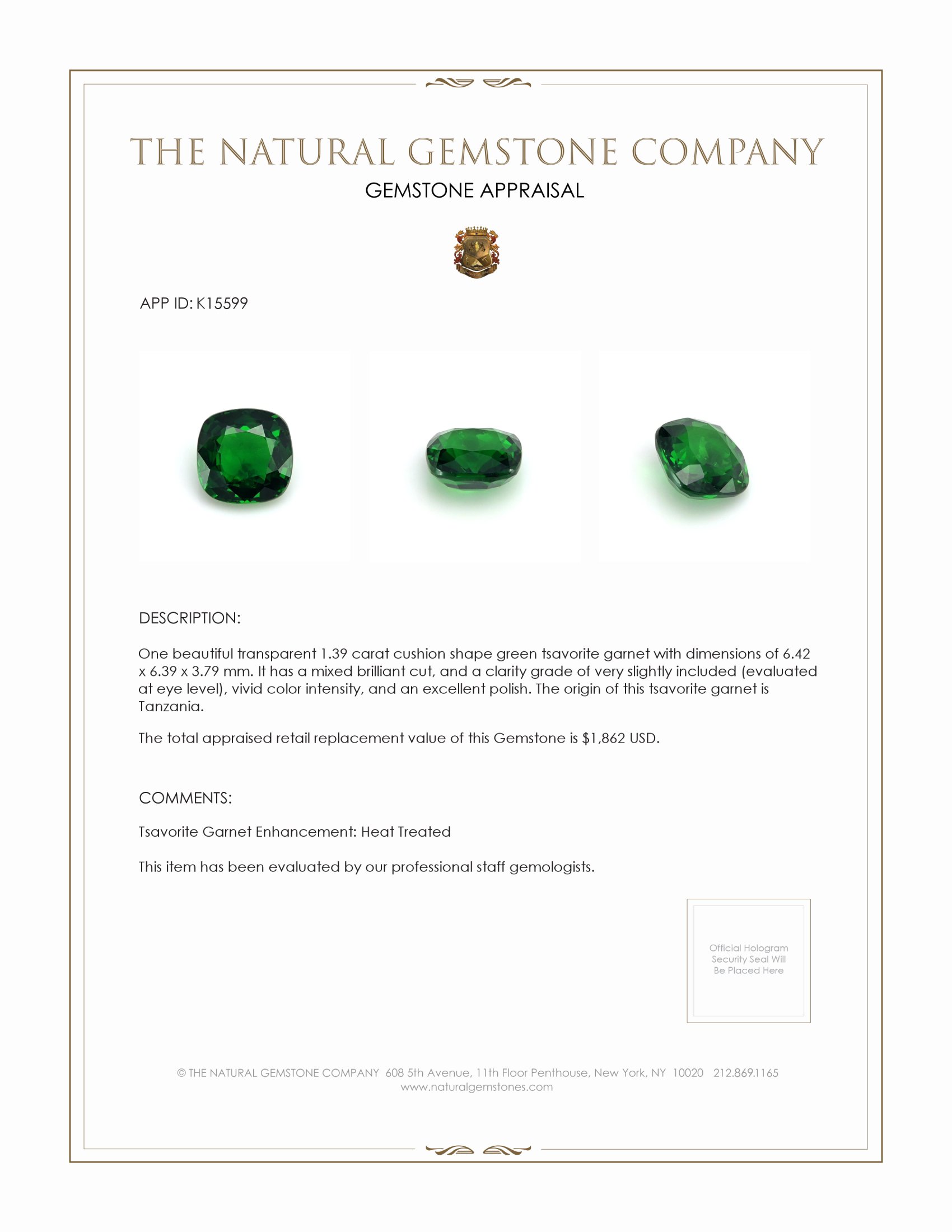 1.39 Ct. Tsavorite Garnet from Tanzania