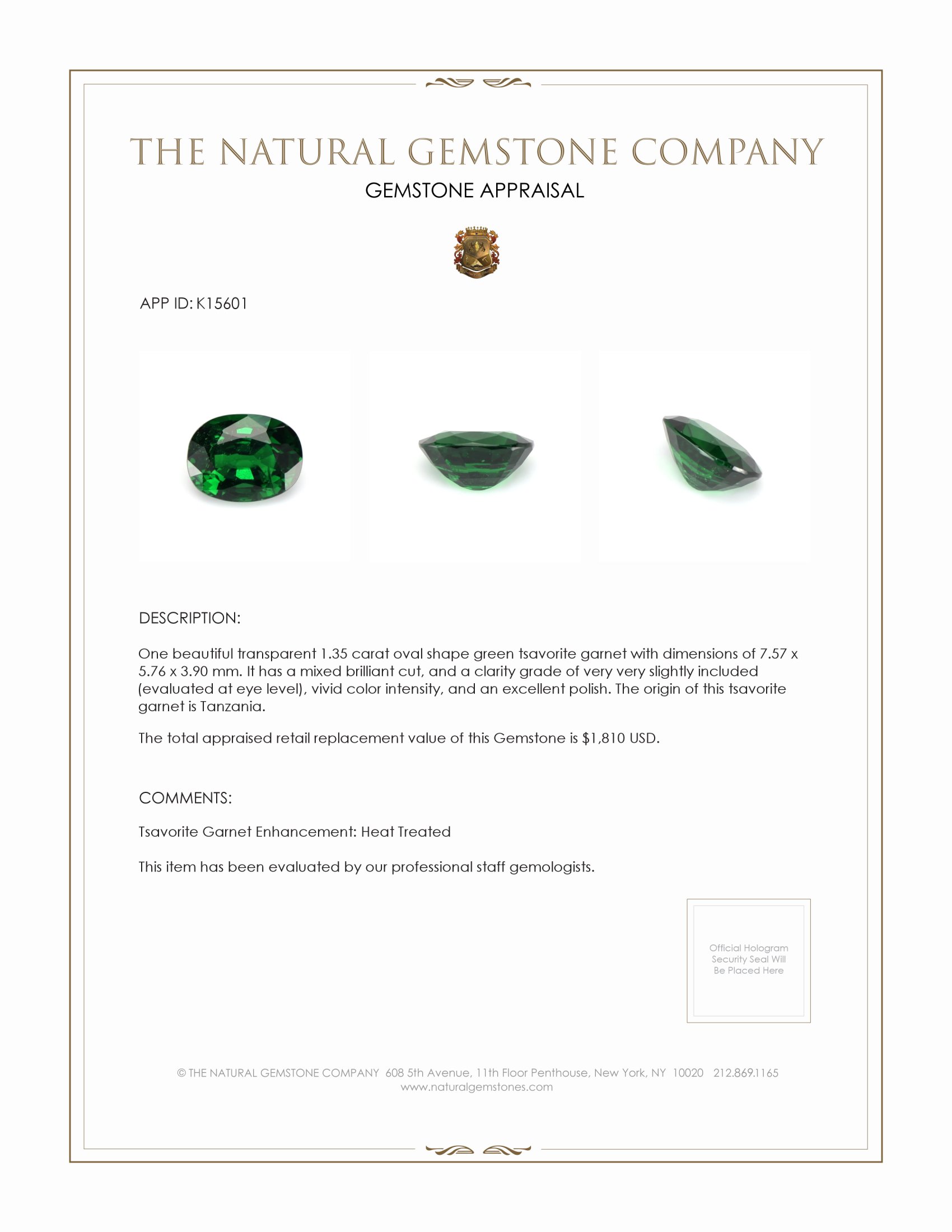 1.35 Ct. Tsavorite Garnet from Tanzania