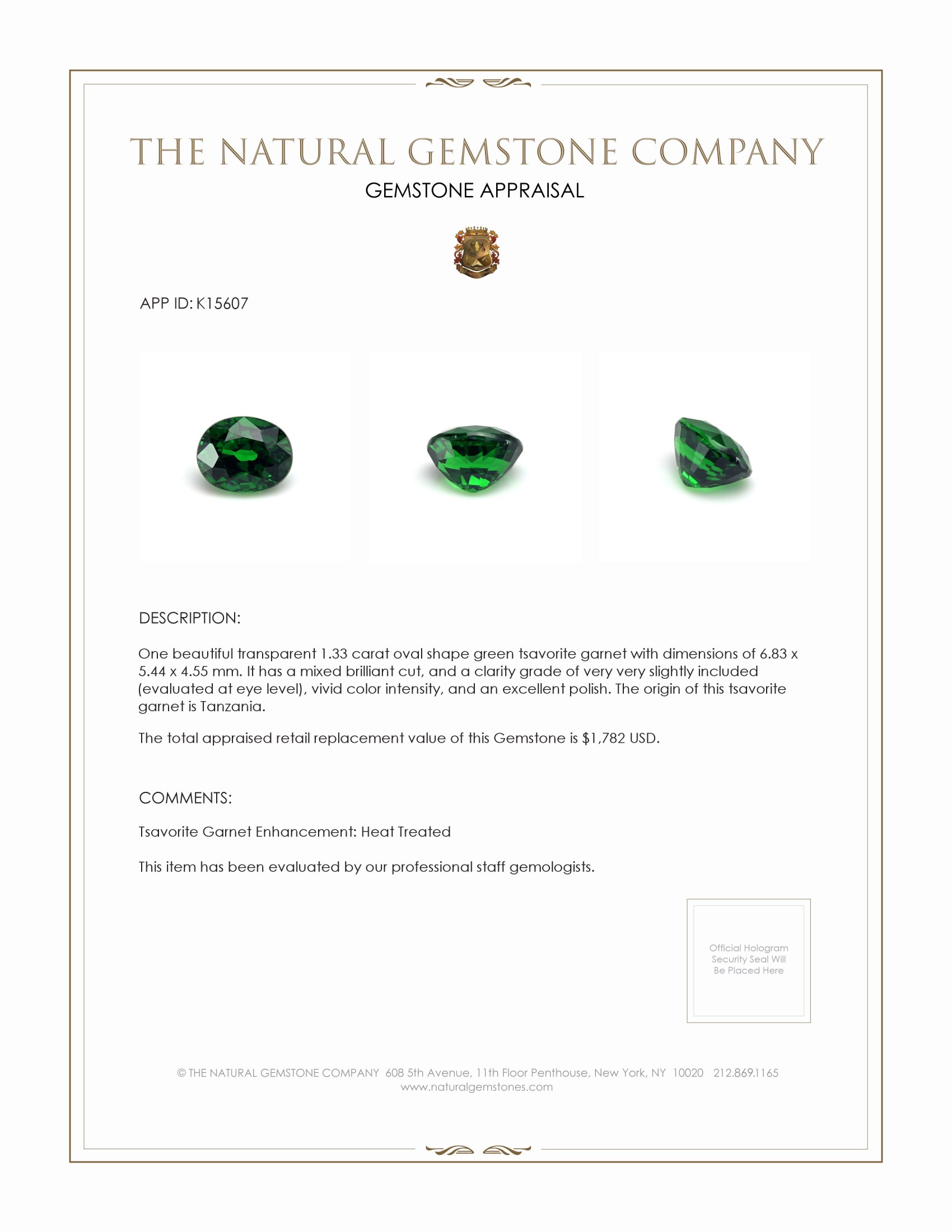 1.33 Ct. Tsavorite Garnet from Tanzania